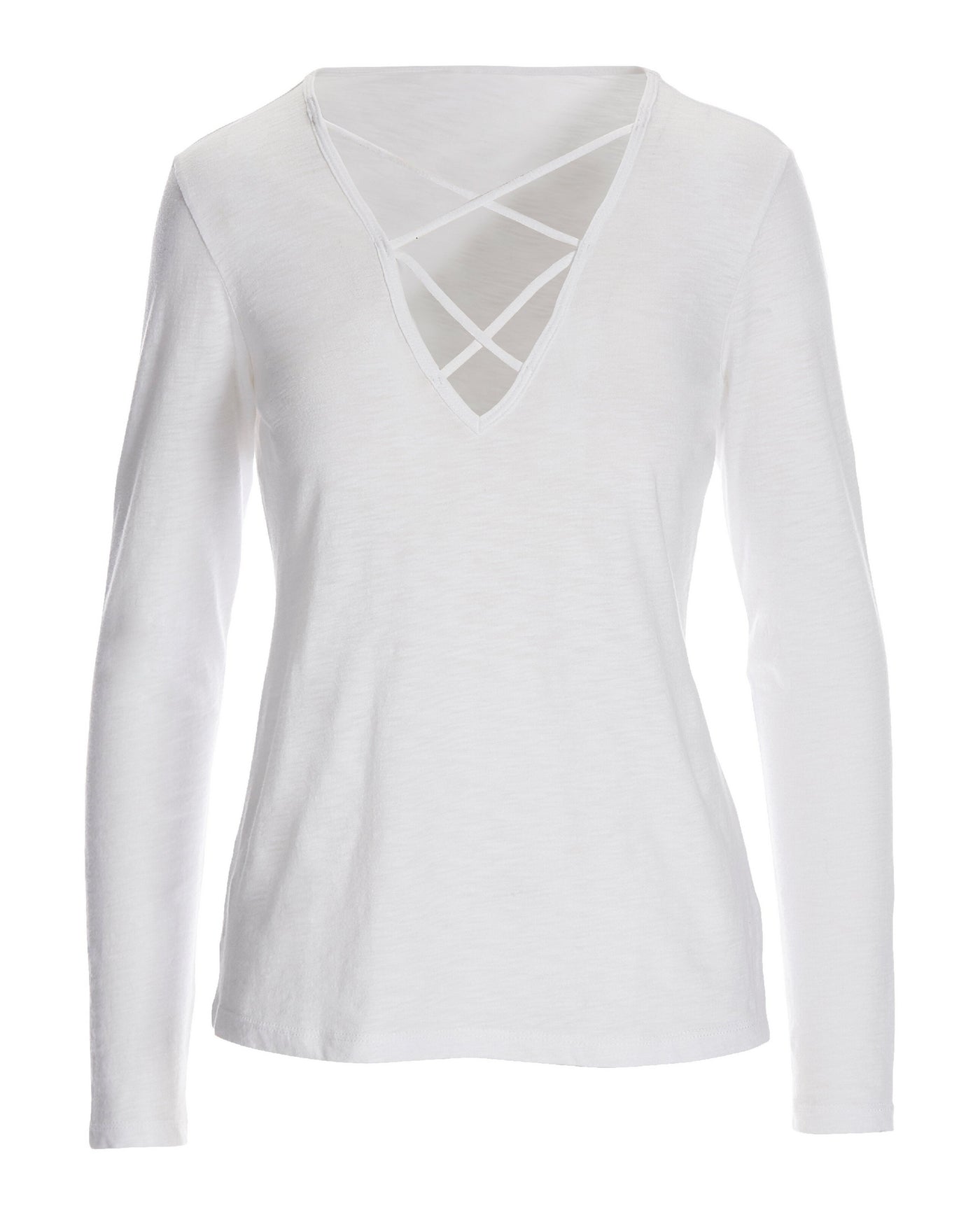Plunging X Neck Long Sleeve Slub Tee White