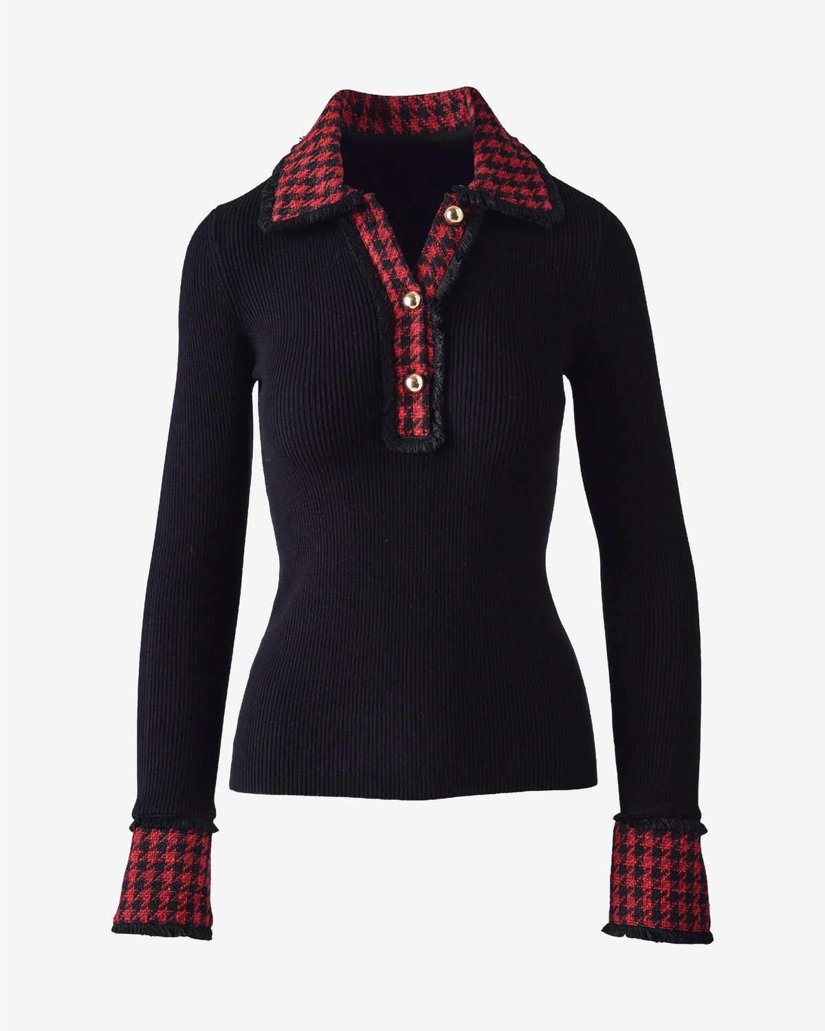 Tweed Trimmed Henley Sweater Black/Red
