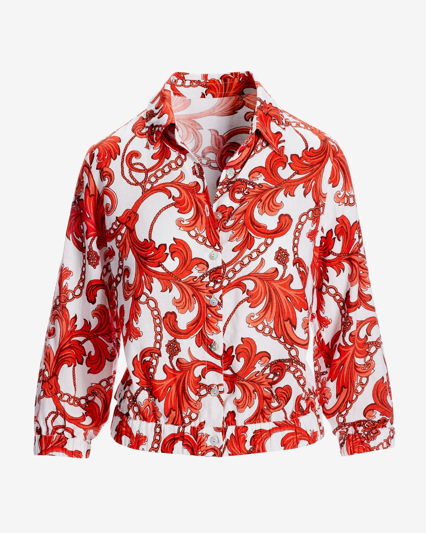 Summer Scrolls Print Blouson Button Up Shirt Red