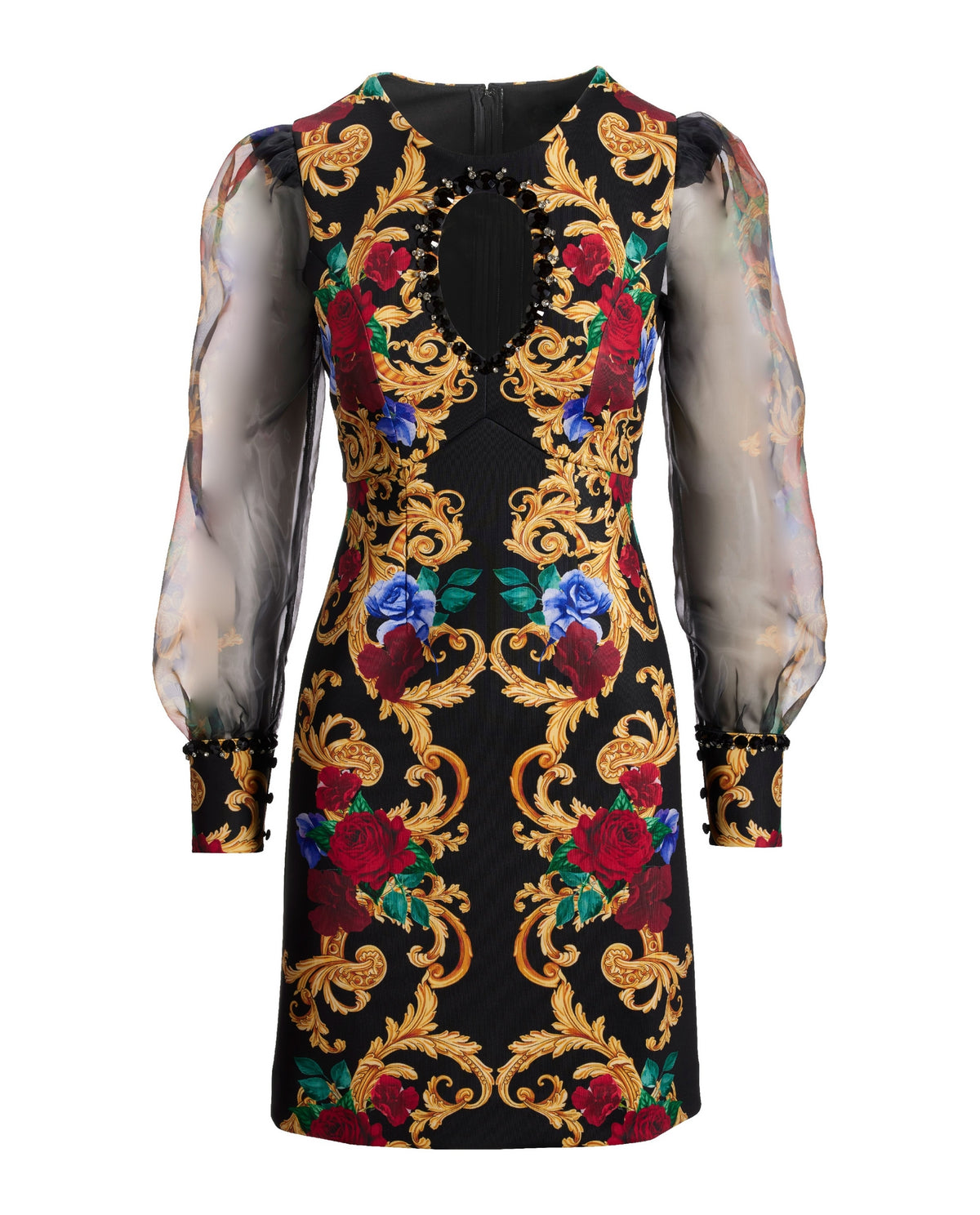 Holiday Status Print Embellished Keyhole A Line Scuba Dress Black/Multi