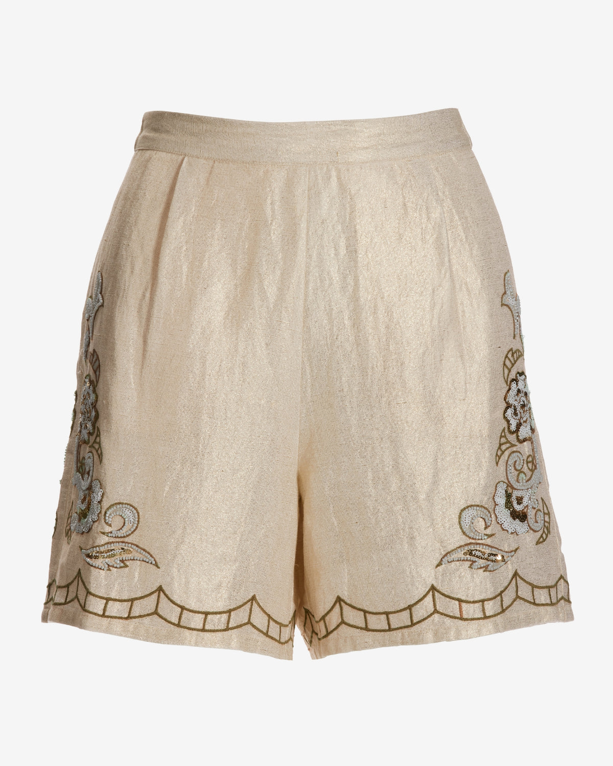 Gold Shimmer Beaded and Embroidered Trouser Short Tan/White