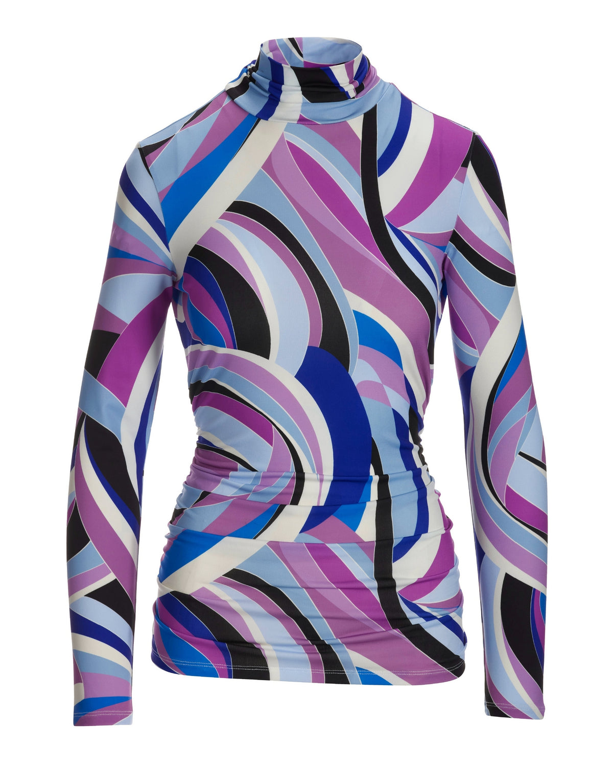 So Chic Aspen Abstract Ruched Turtleneck Top Blue/Purple