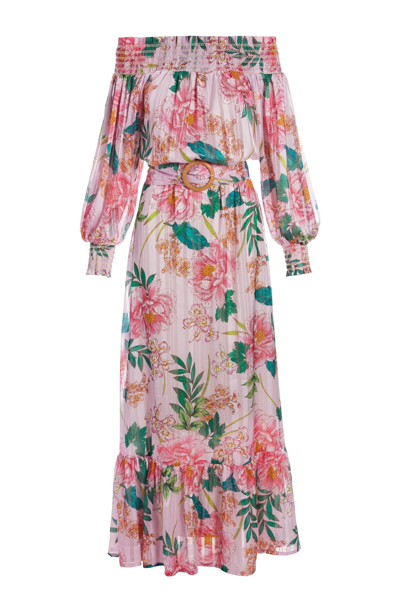 Floral Blooms OTS Belted Maxi Dress Pink Multi