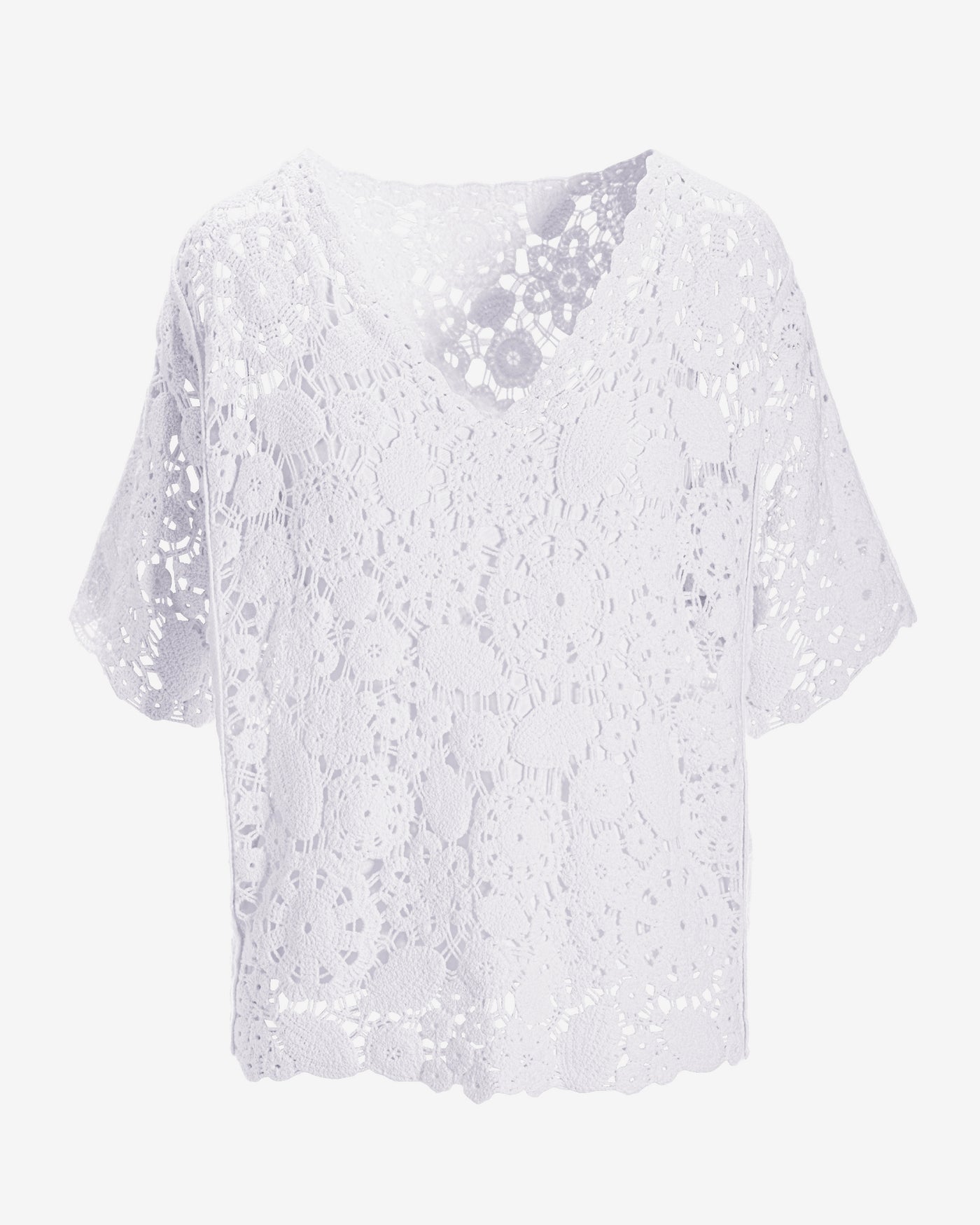 Crochet Effortless V Neck Short Sleeve Sweater White