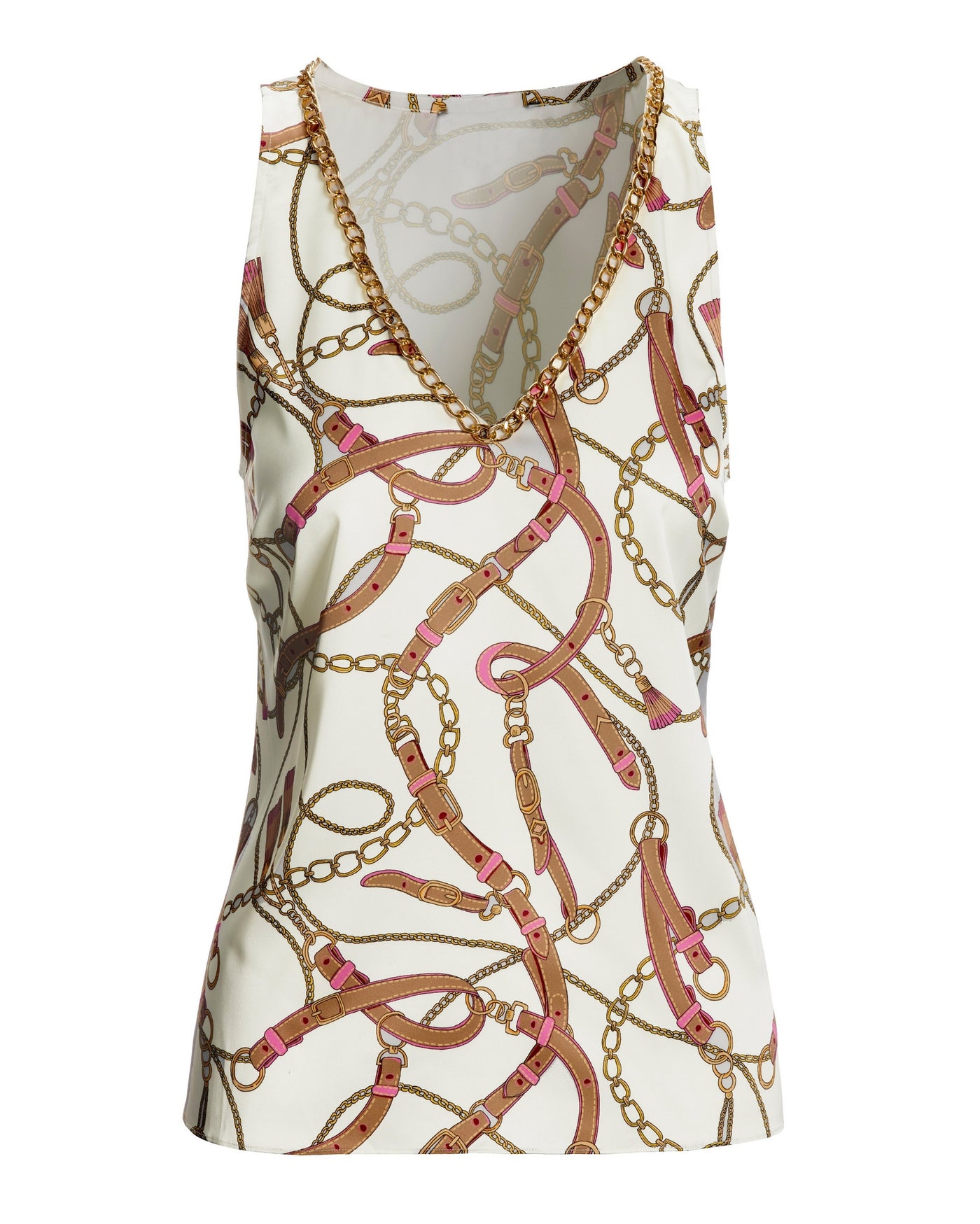 Status Print Chain Detail V Neck Charmeuse Blouse Brown/Pink