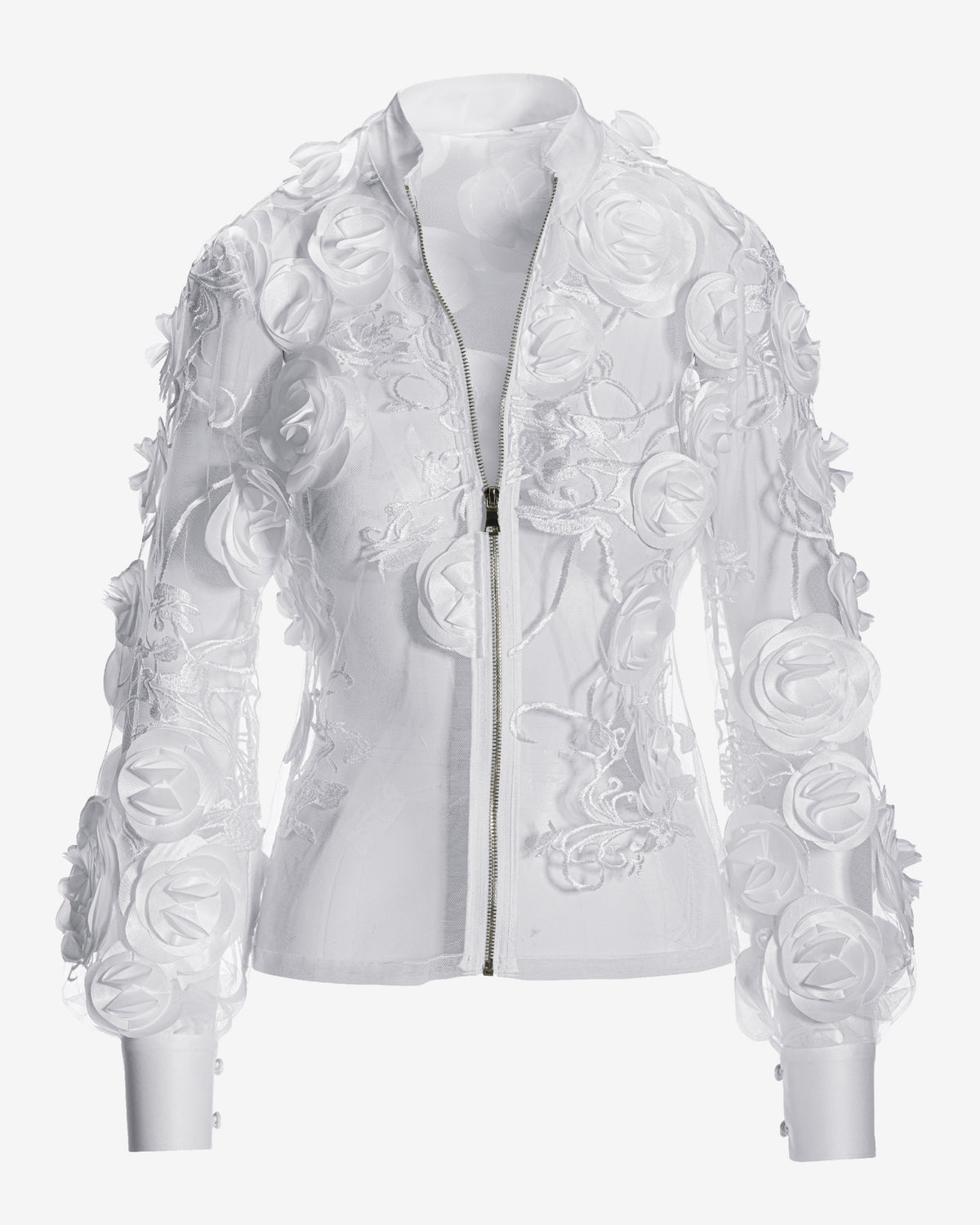 Mesh 3D Rosette Zip Jacket White