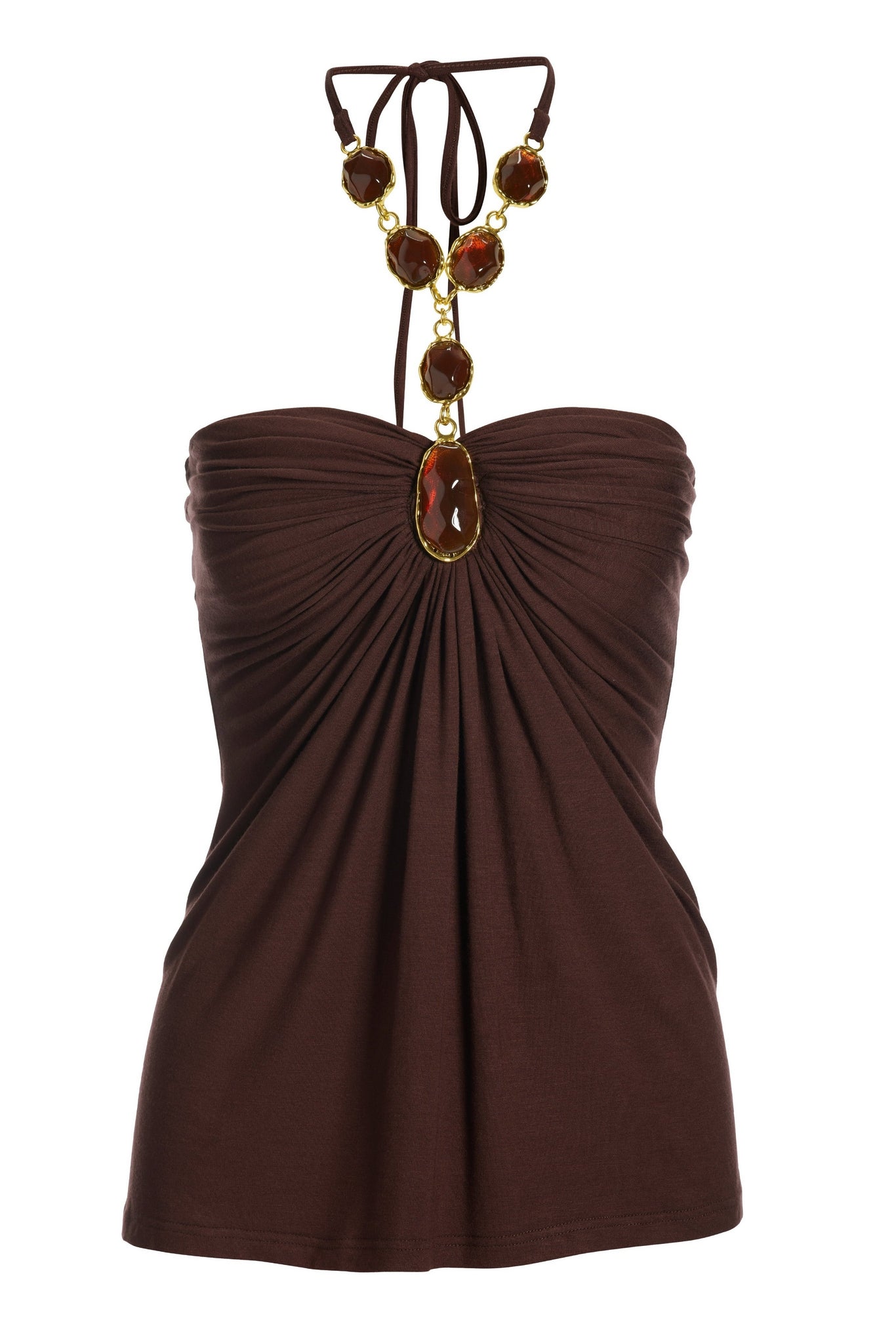 Embellished Trim Ruched Halter Brown
