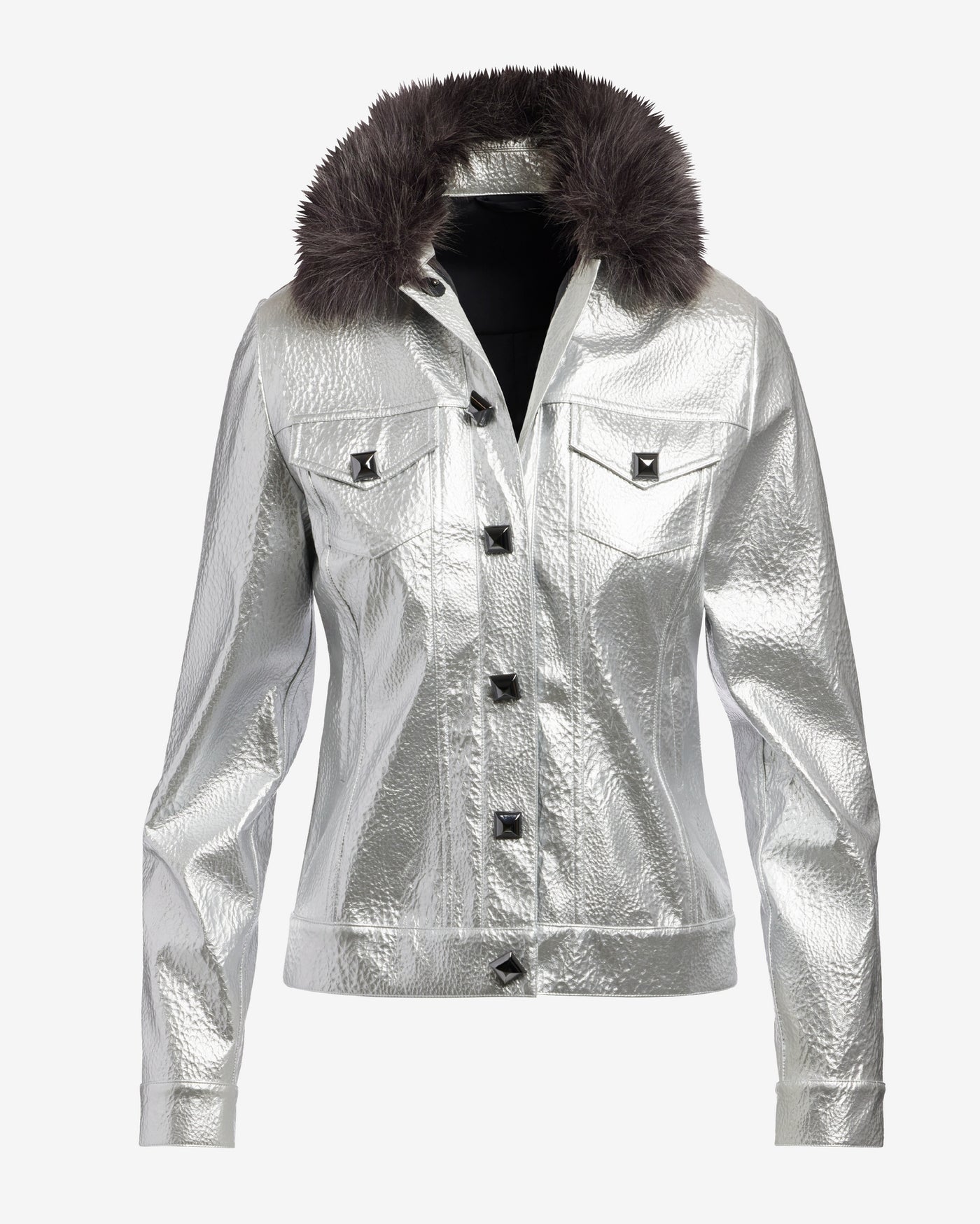 Hammered Metallic Faux Leather Fur Collar Jacket Silver Metallic