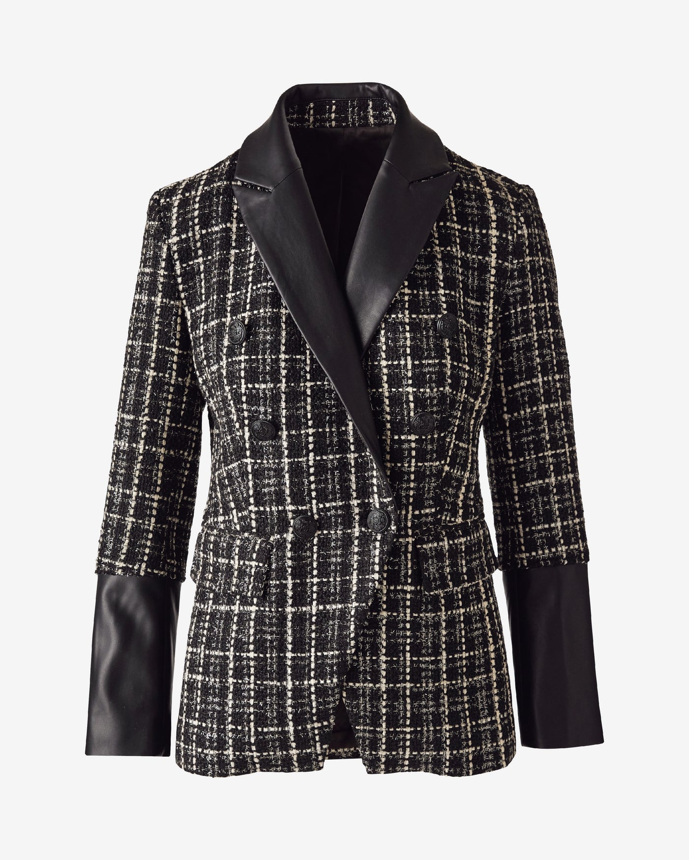 Faux Leather Trim Tweed Double Breasted Blazer Jet Black Multi