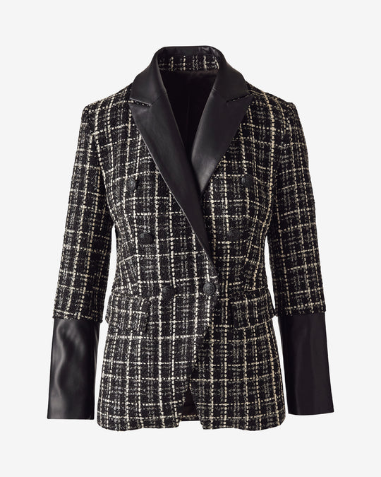 Faux Leather Trim Tweed Double Breasted Blazer Jet Black Multi