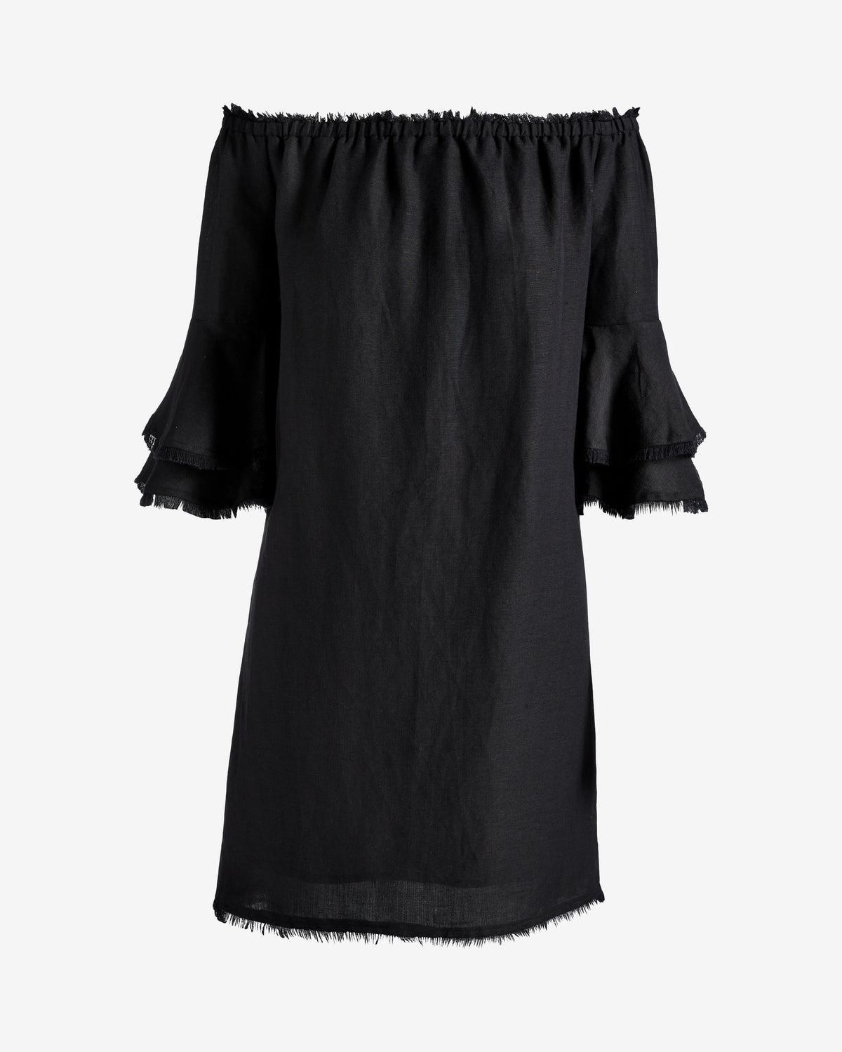 Linen Off The Shoulder Tiered Sleeve Shift Dress Black