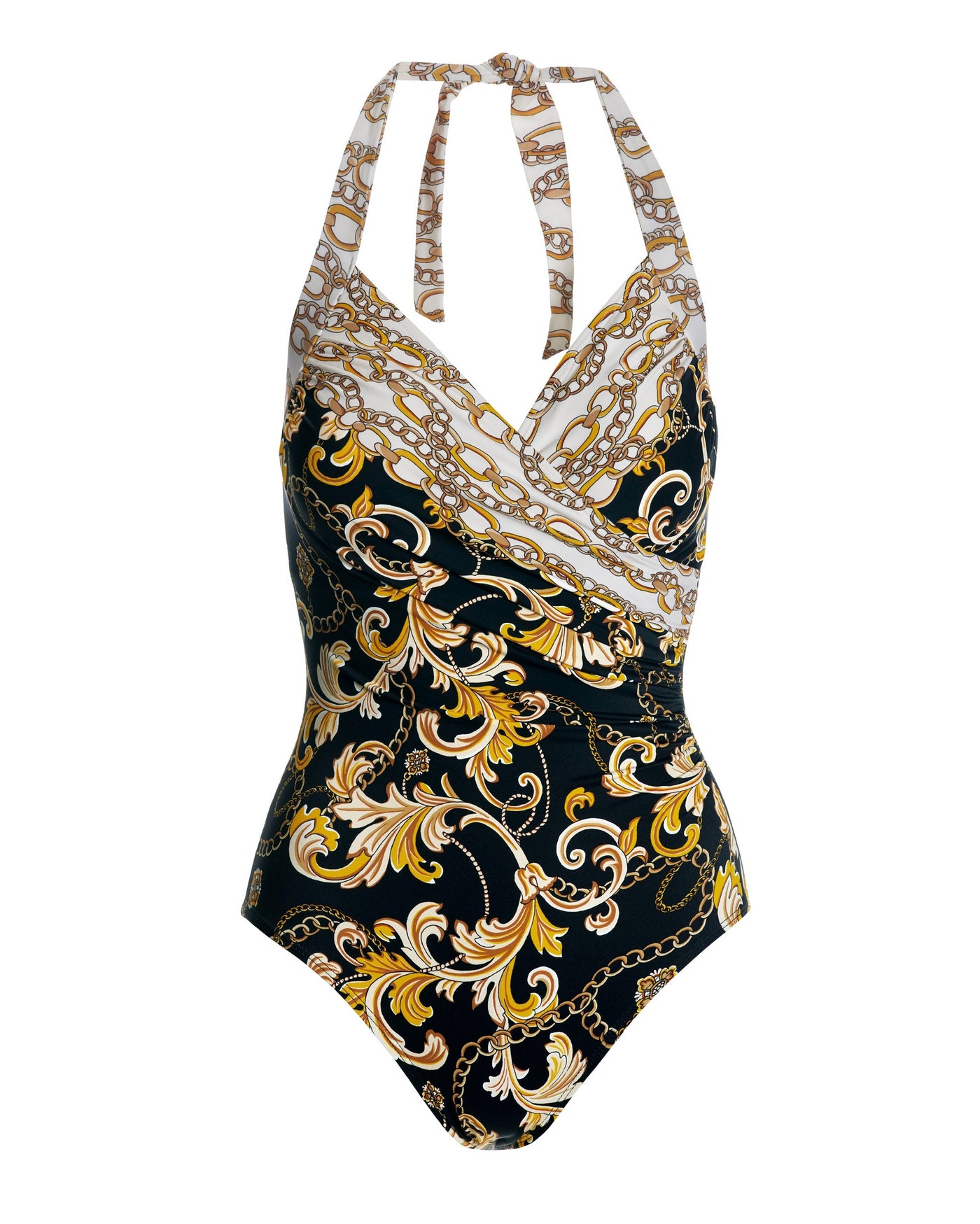 Swim Sense Filigree Status Print Surplice One Piece Black/Gold