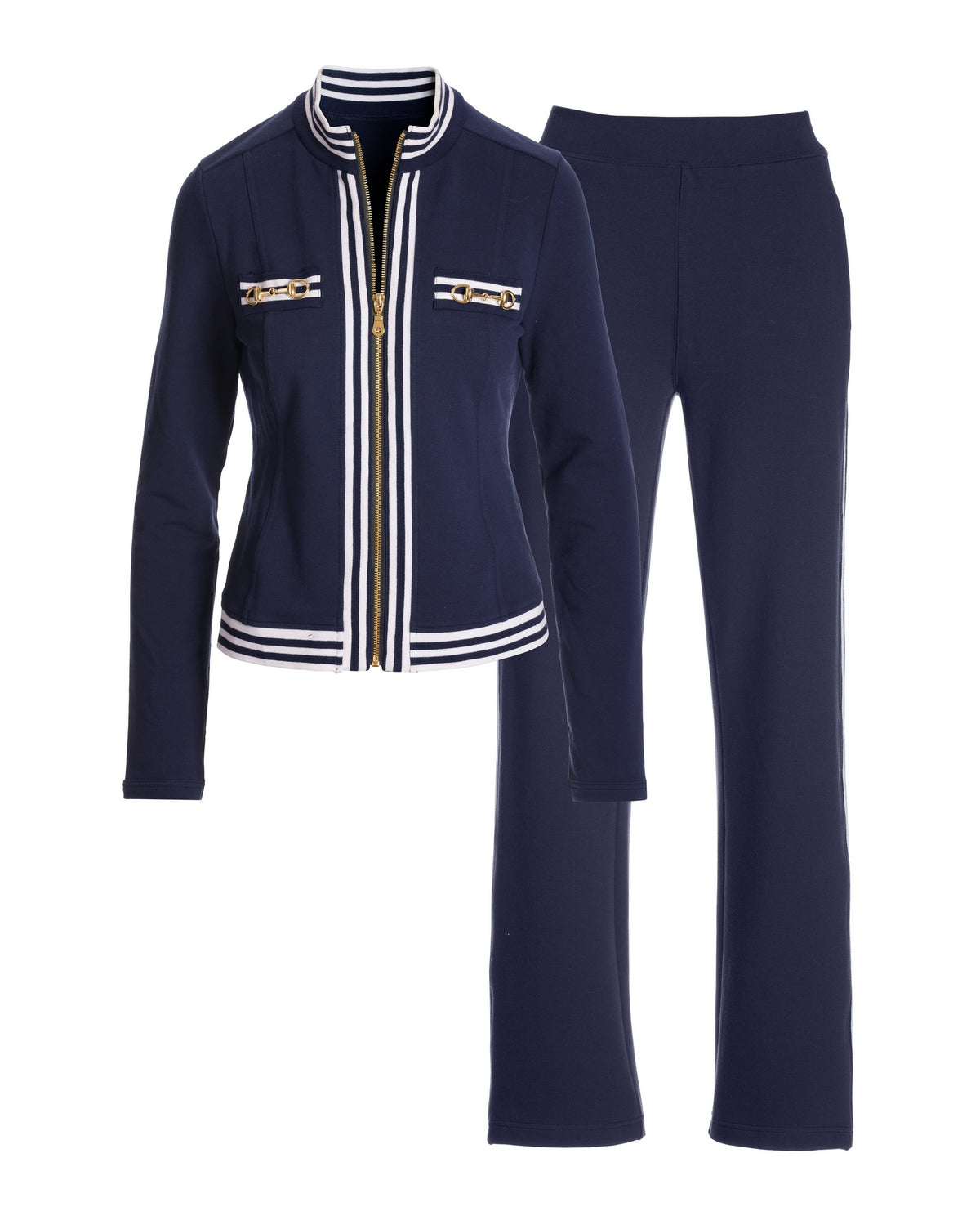 Striped French Terry Hardware Full Length Pant Set Navy/White