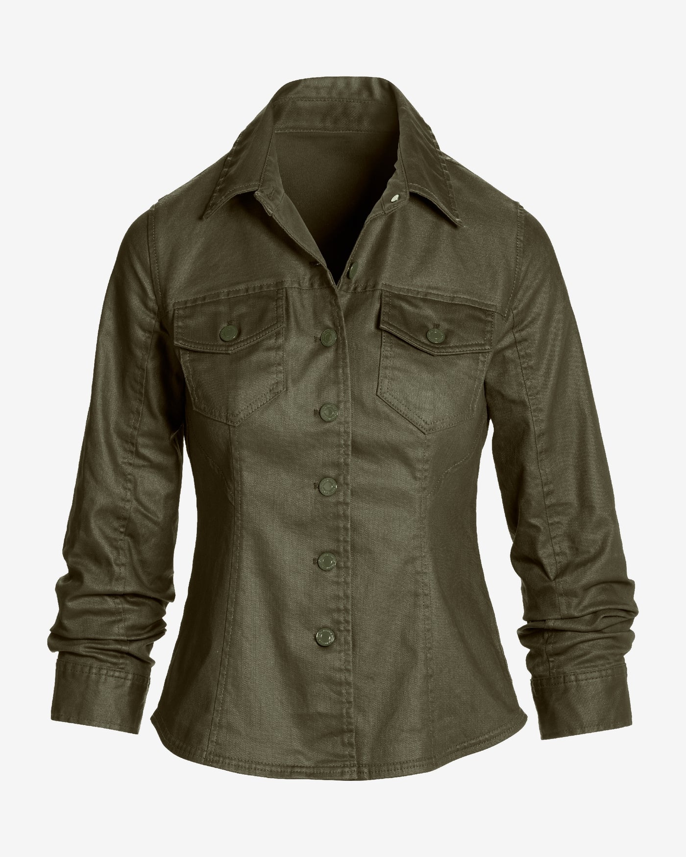 Coated Denim Ruched Sleeve Jacket Olive Night