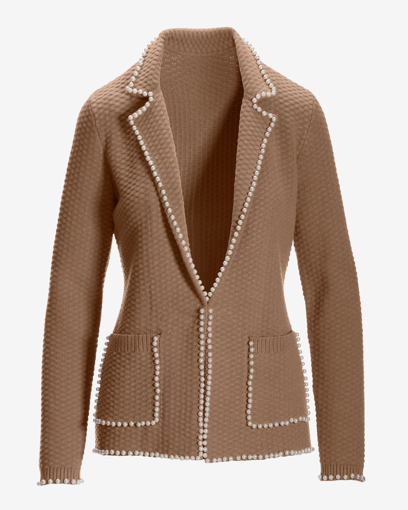 Pearl Embellished Sweater Blazer Tan