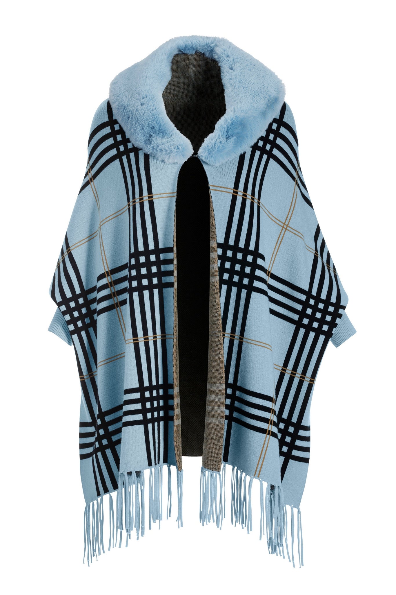 Plaid Faux Fur Collar Poncho Blue Multi