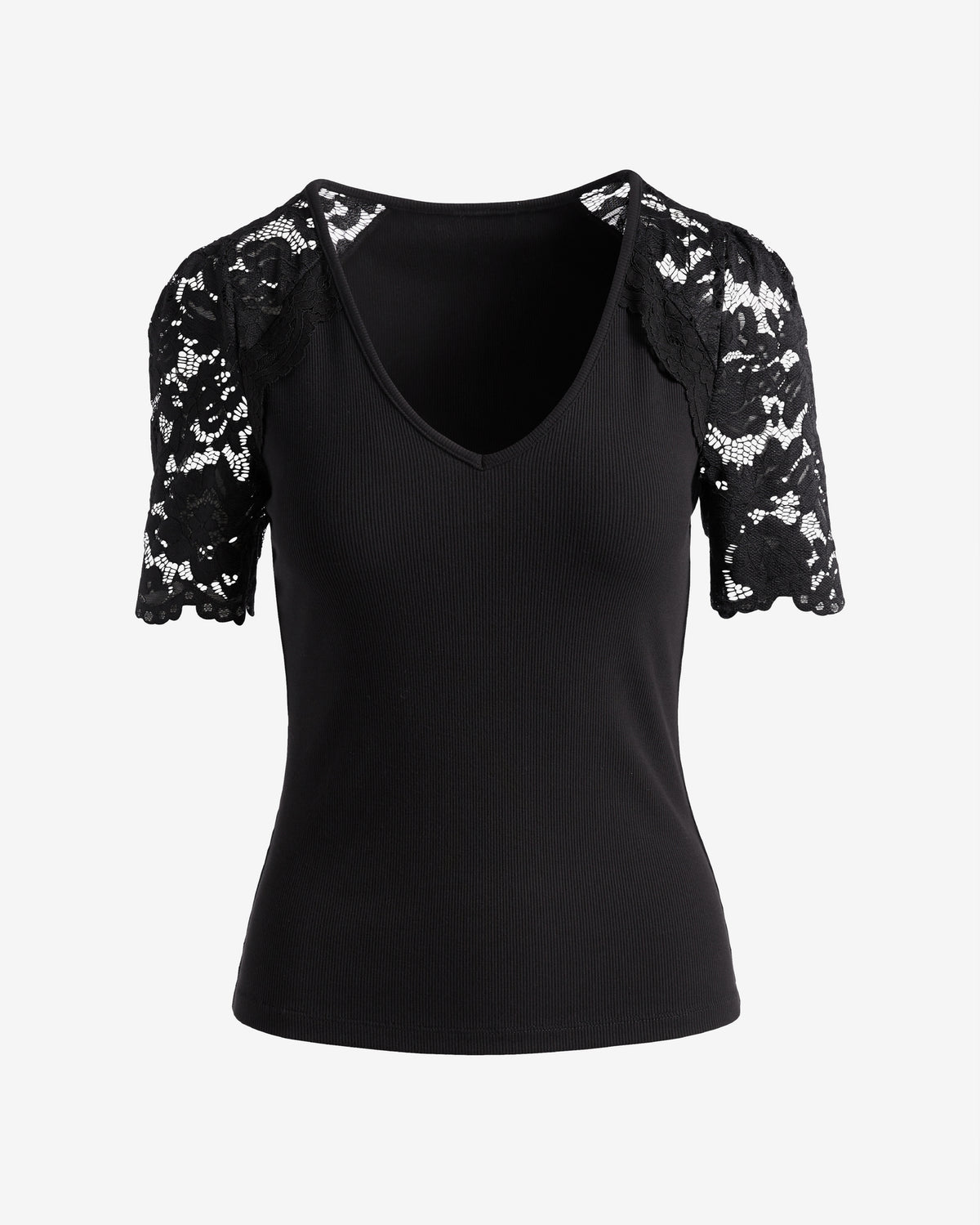 Lace Sleeve V Neck Rib Tee Proper Black