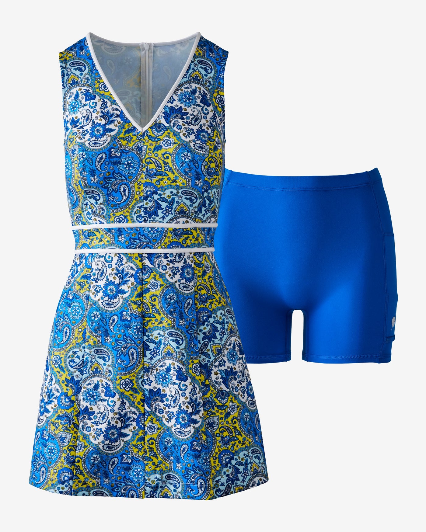 Pickletini x Boston Proper Paisley Pop V Neck Performance Dress Blue Paisley