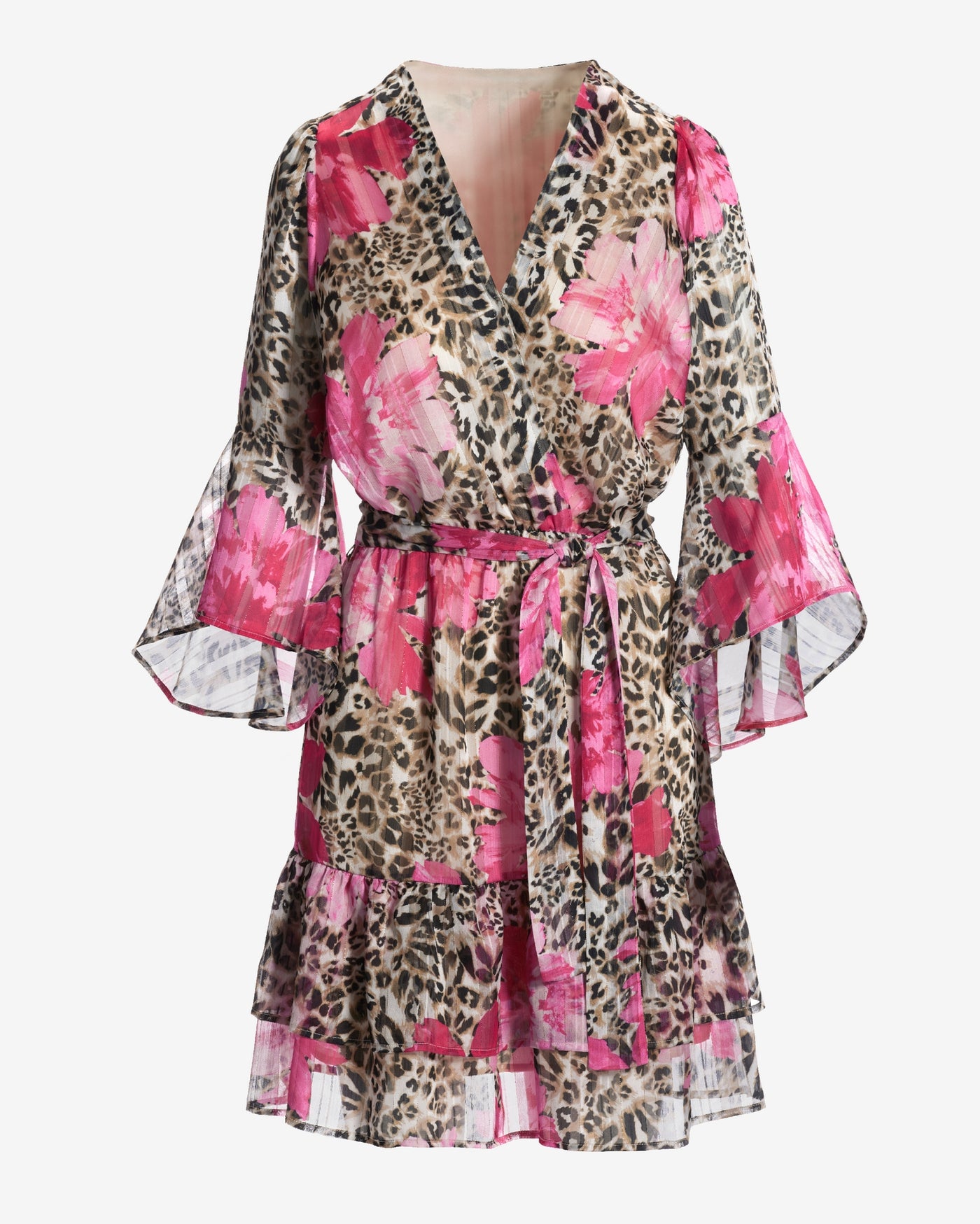 Cheetah Blooms Shimmer Bell Sleeve A Line Dress Neutral/Pink