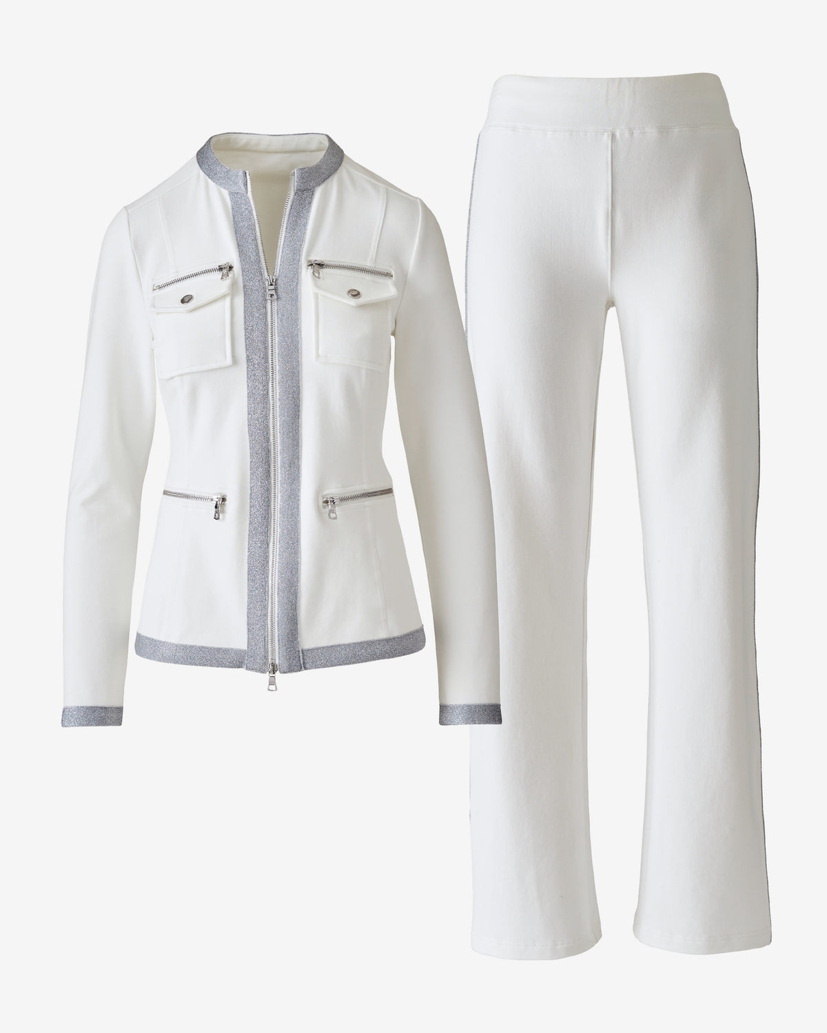 Metallic Chic Zippered Sport Coordinate Set Off White/Silver