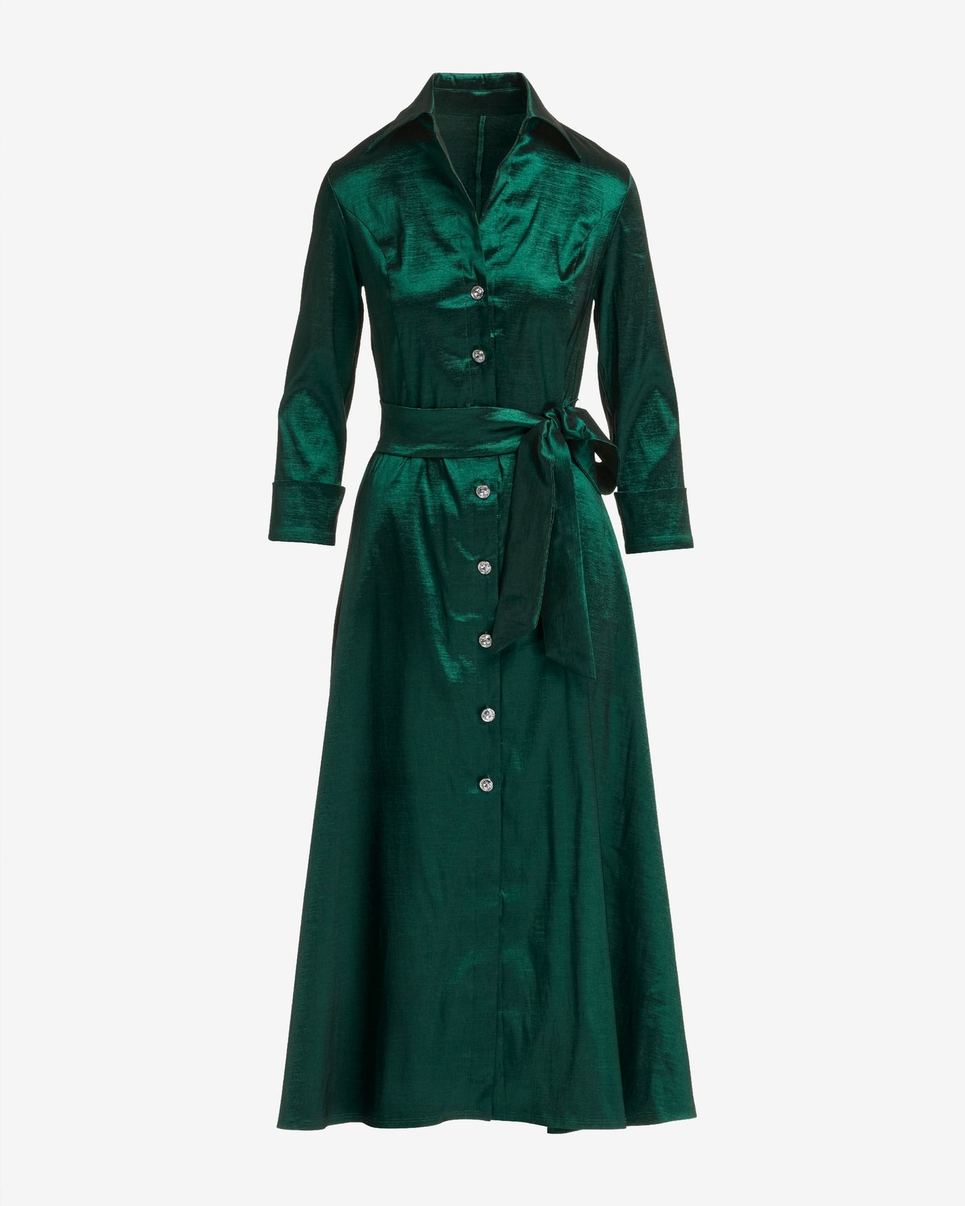 Taffeta Three Quarter Sleeve Button Up Shirt Dress Emerald