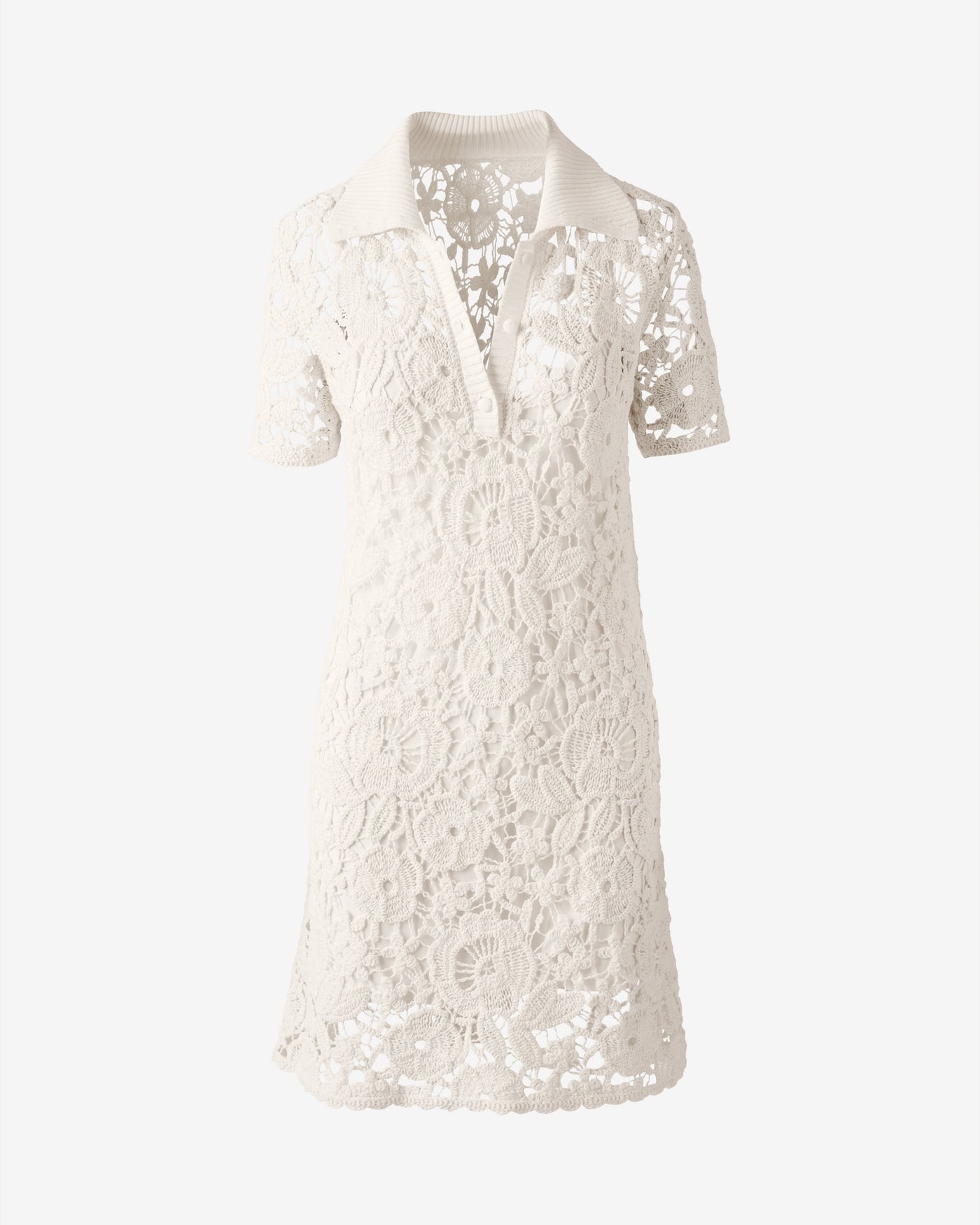 Collared Crochet Shirt Dress Off White