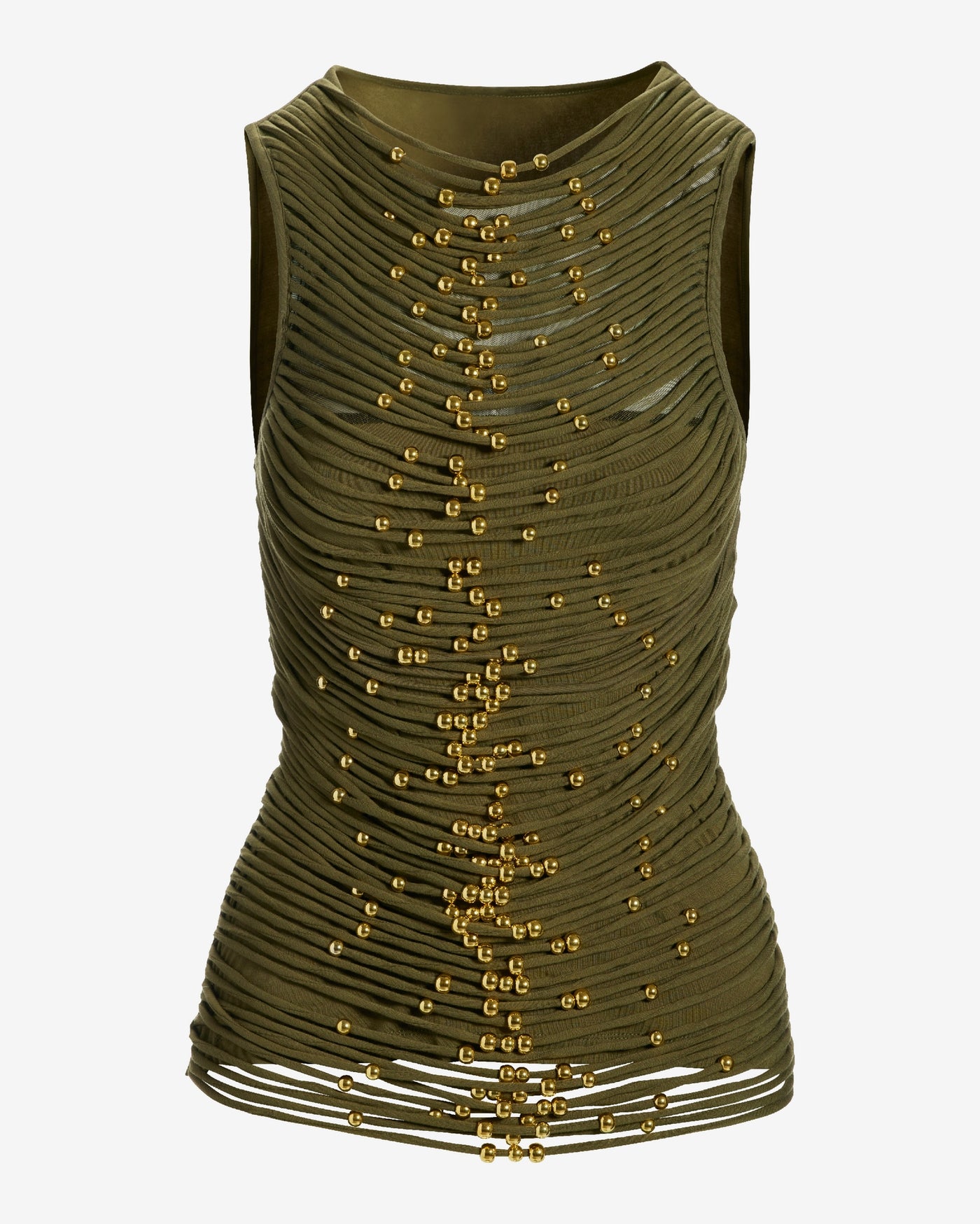 High Neck Beaded Mesh Top Olive Night