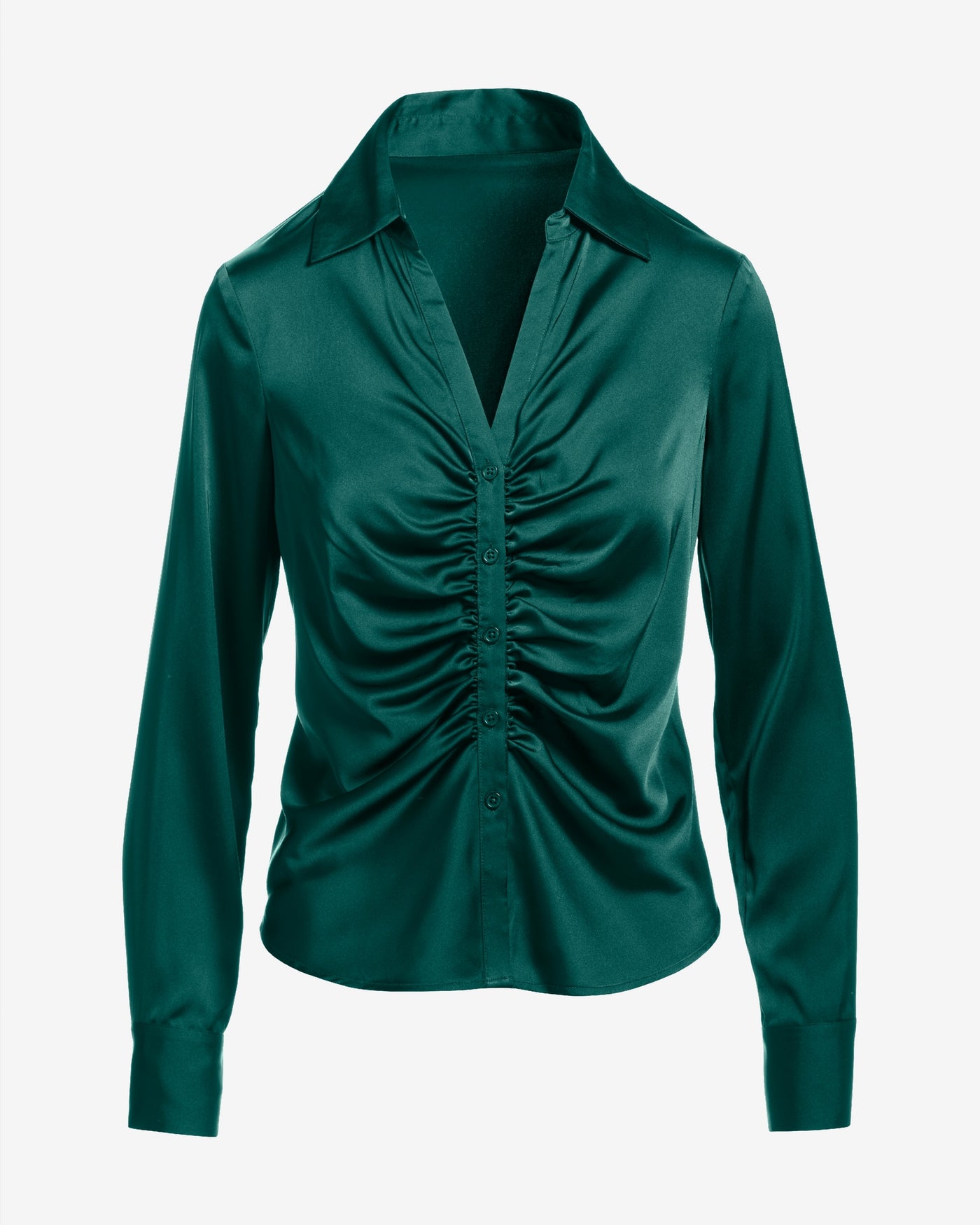 Jessie Charmeuse Ruched Center Front Button Up Shirt Green