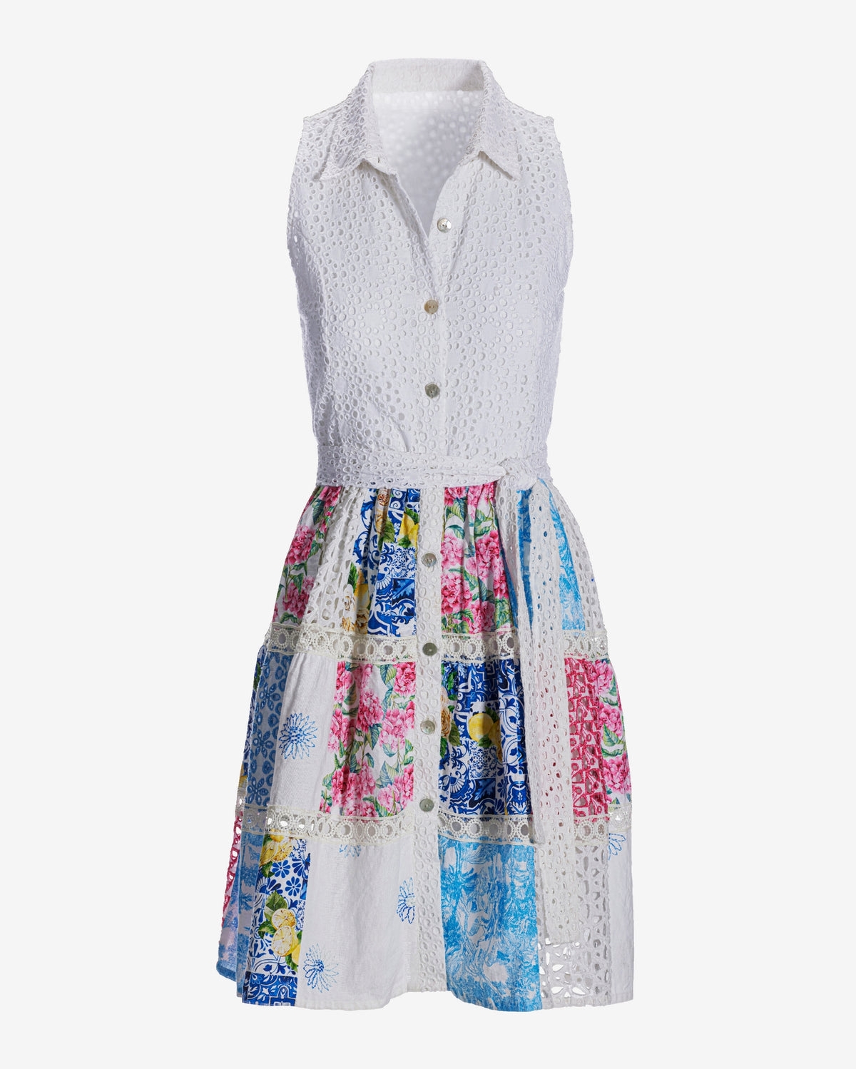 Mixed Media Eyelet Patchwork Print Fit and Flare Dress Multi