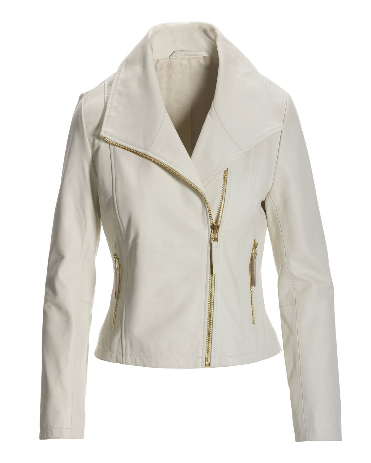 Leather Collared Moto Jacket Off White