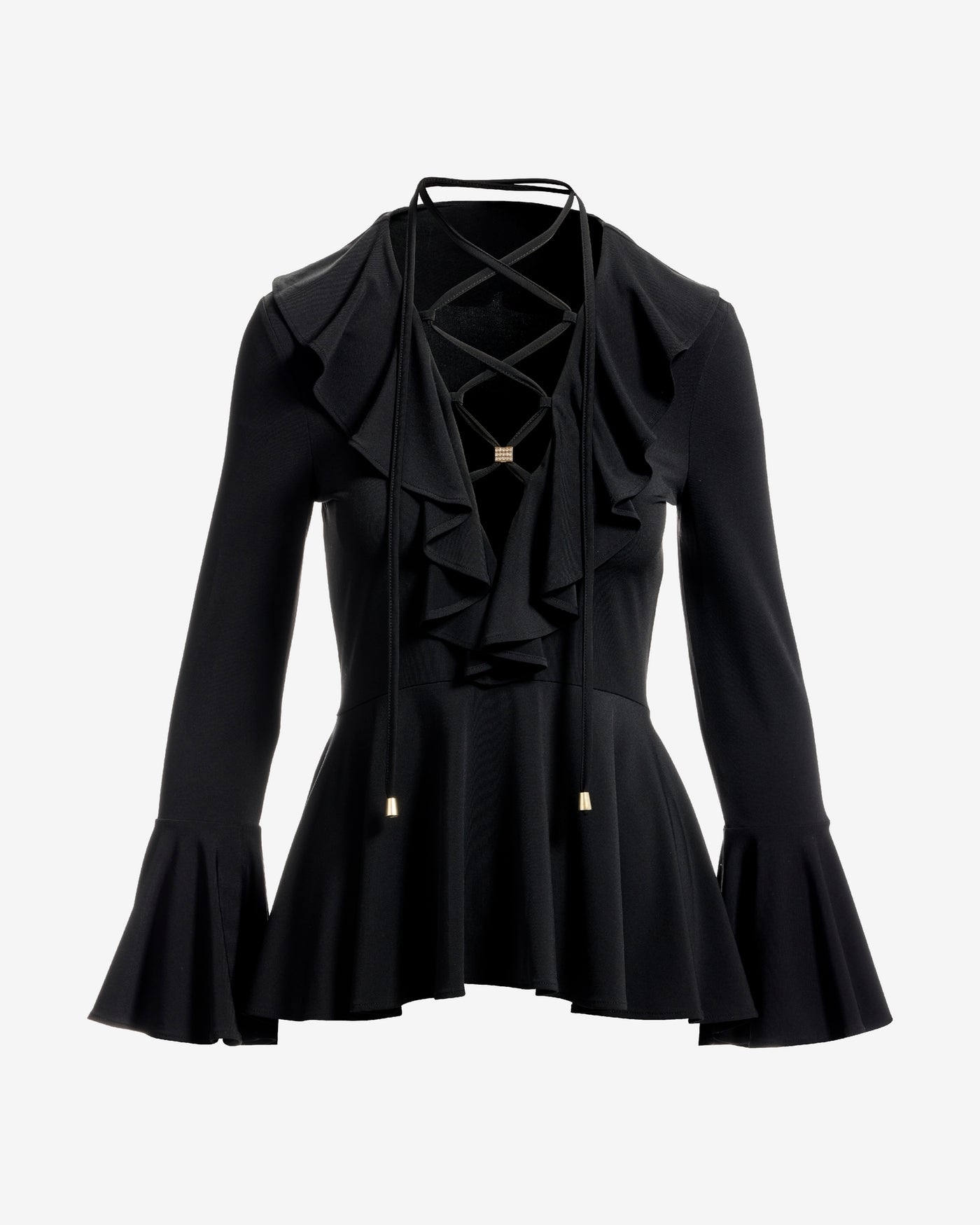 Ruffle Lace Up V Neck Knit Top Proper Black