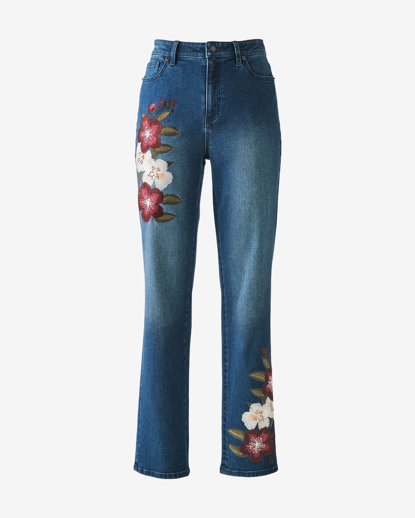 Floral Embroidered Slim Straight Leg Jean Medium Wash