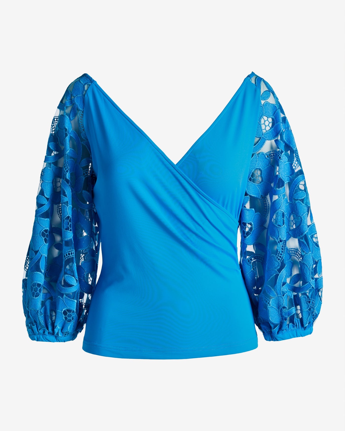Embroidered Lace Sleeve Surplice Knit Top Blithe Blue