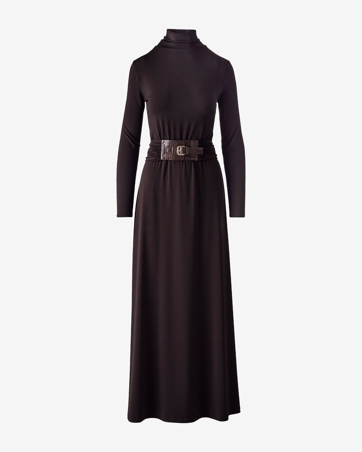 Long Sleeve Belted Turtleneck Maxi Dress Chocolate Torte