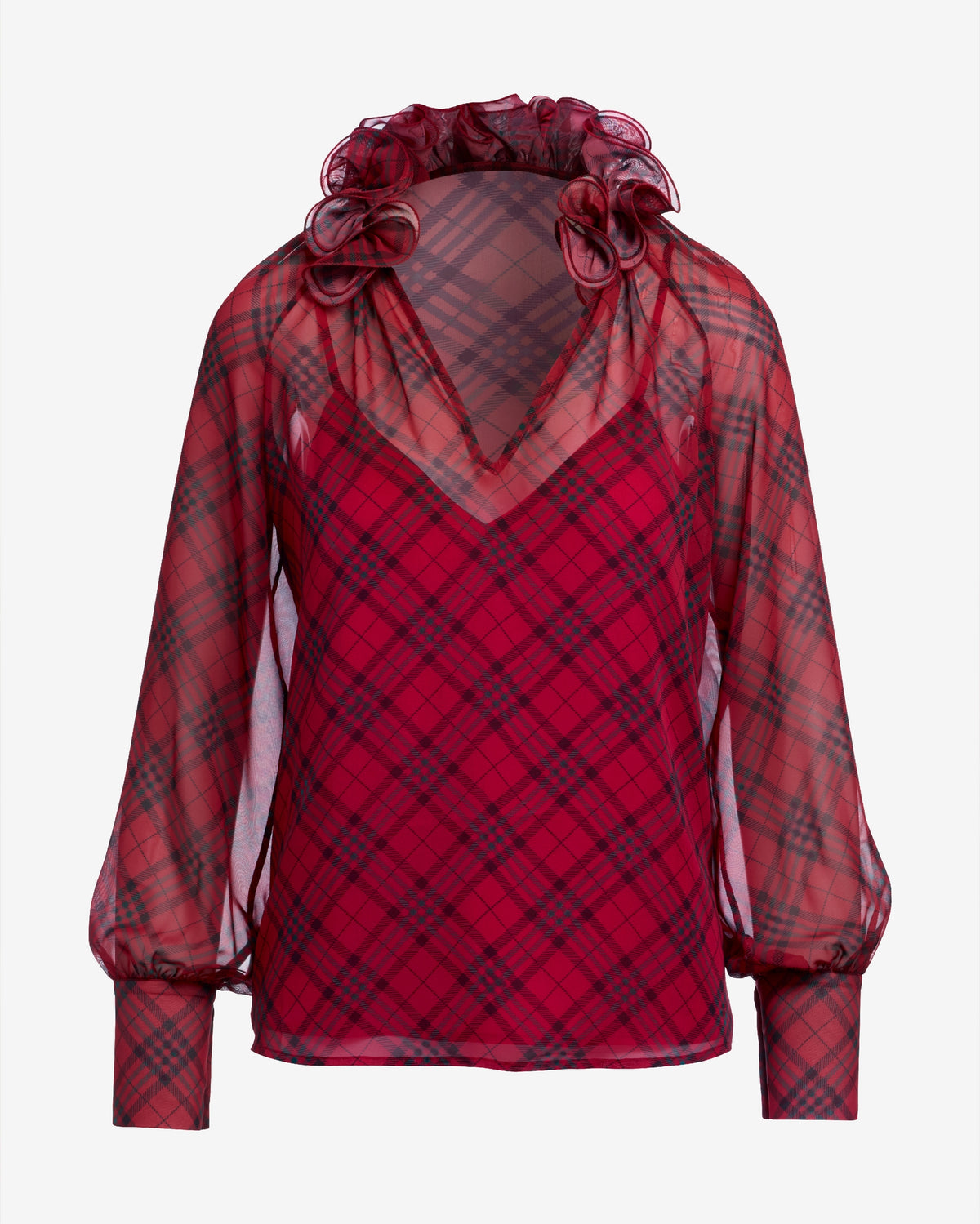 Ruffle Collar Print Blouse Festive Plaid