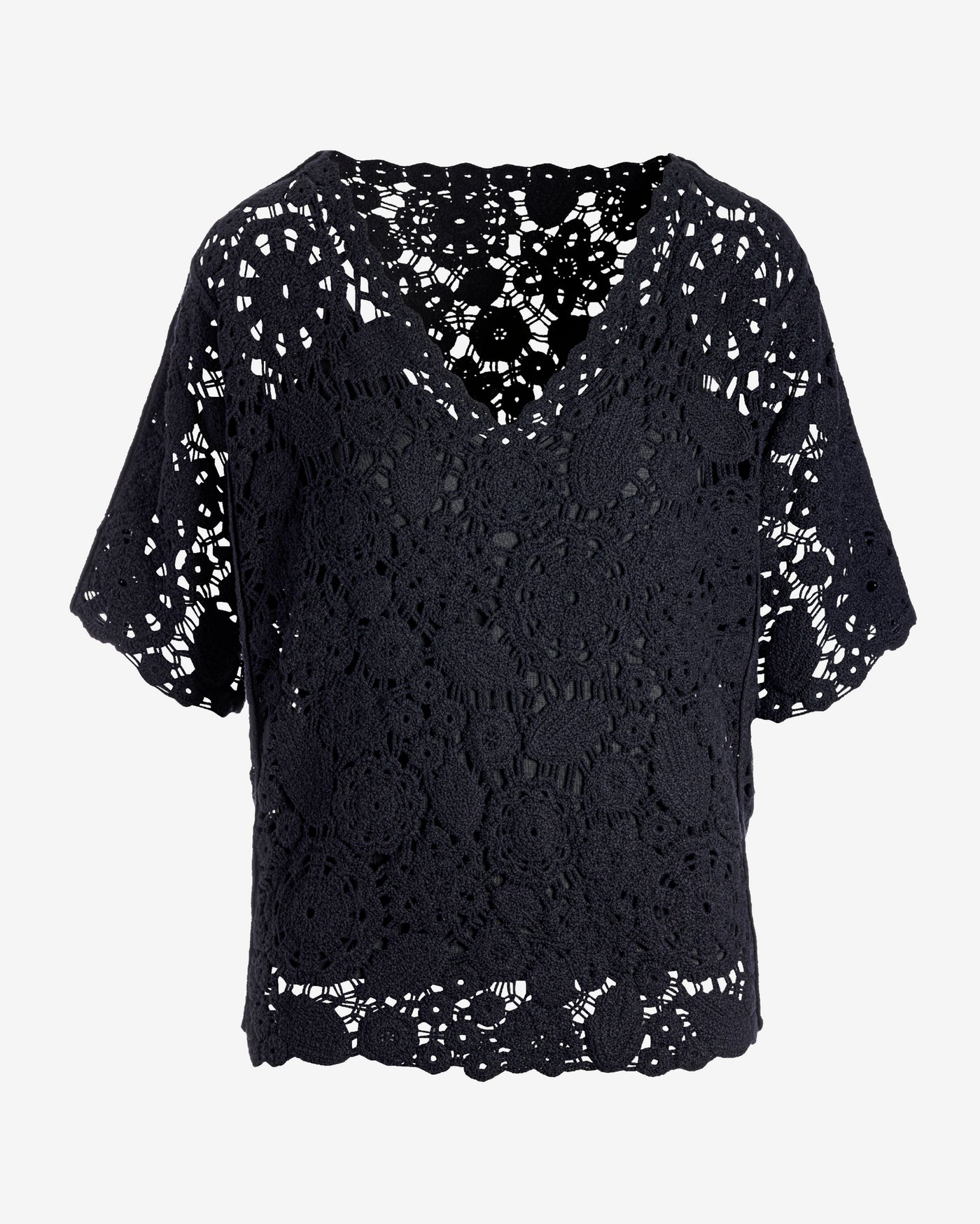 Crochet Effortless V Neck Short Sleeve Sweater Black