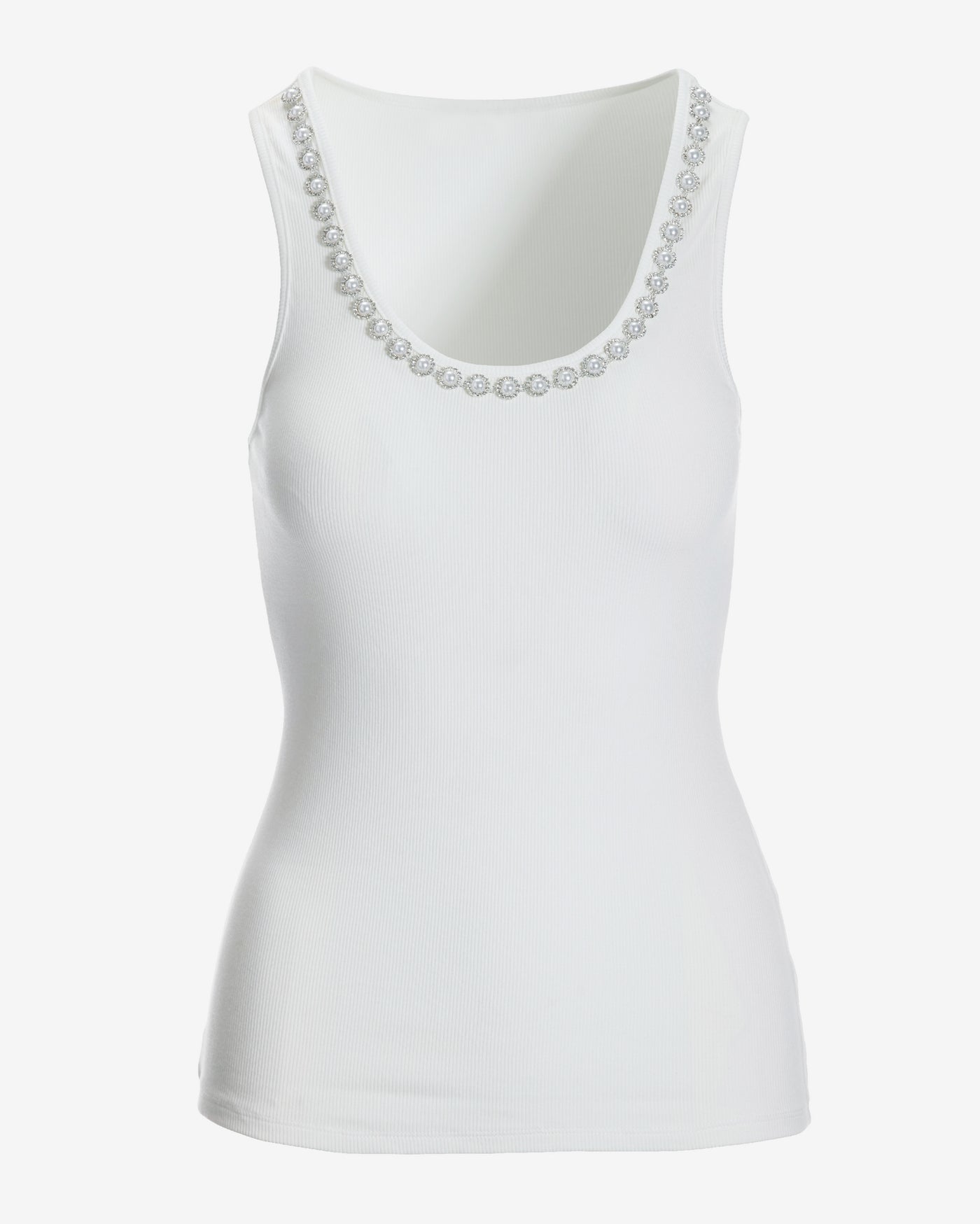 So Essential Ribbed Scoop Neck Pearl and Rhinestone Tank White