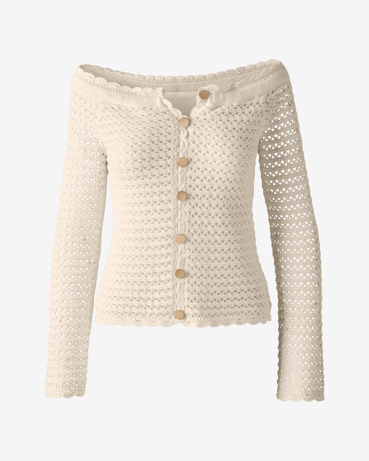 Off The Shoulder Button Front Crochet Sweater Off White