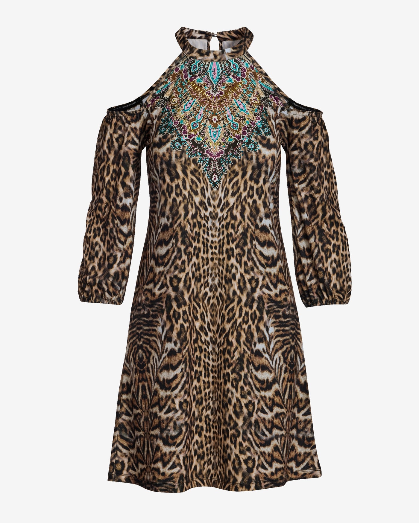 Safari Glam High Neck Cold Shoulder Knit Dress Safari Glam