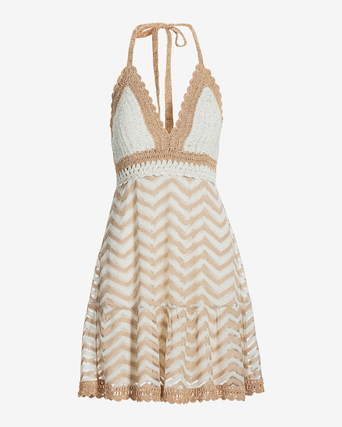 Two Tone Crochet Short Vacation Dress Tan/White