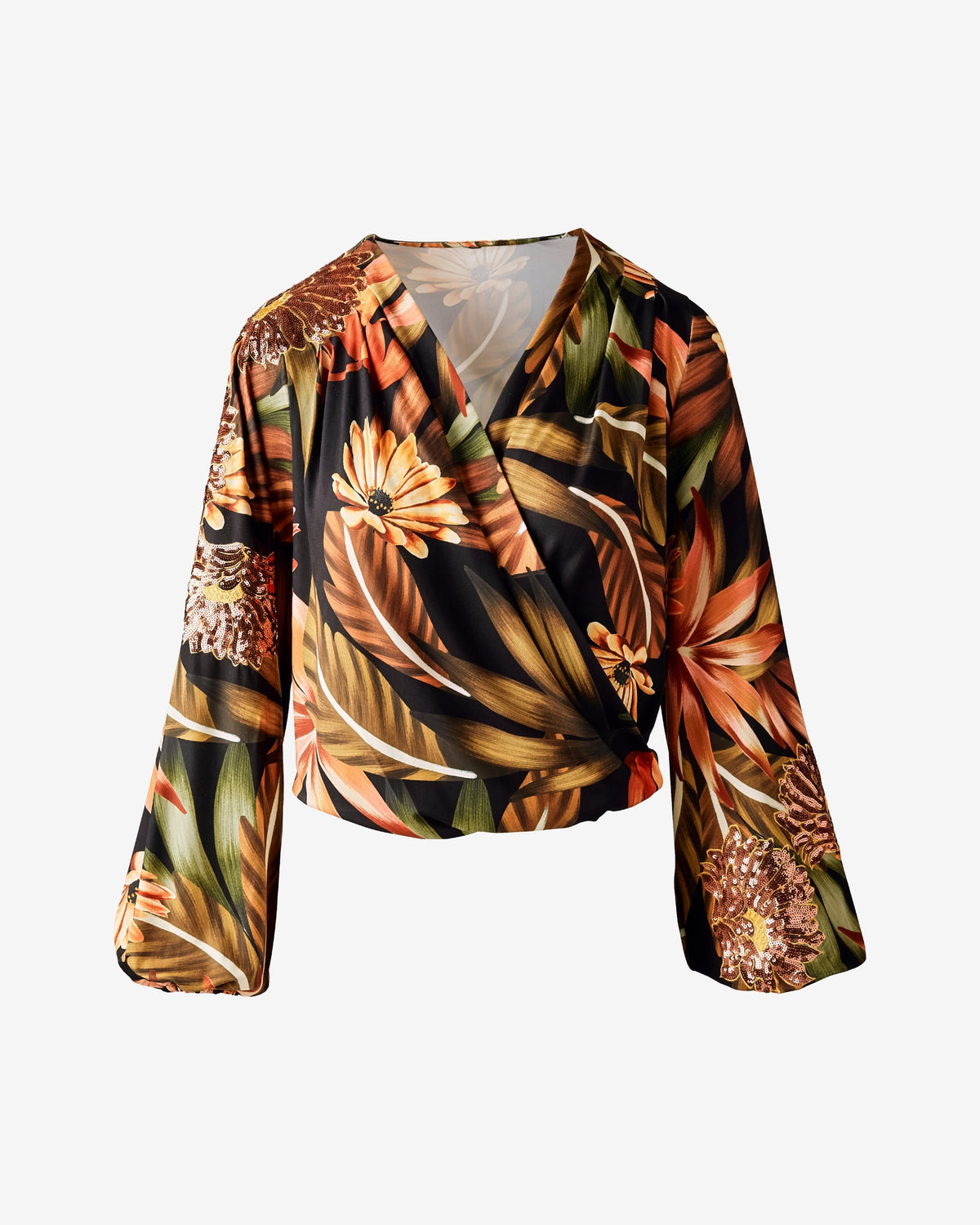 Printed Surplice with Floral Sequin Embroidery Exotic Paradise