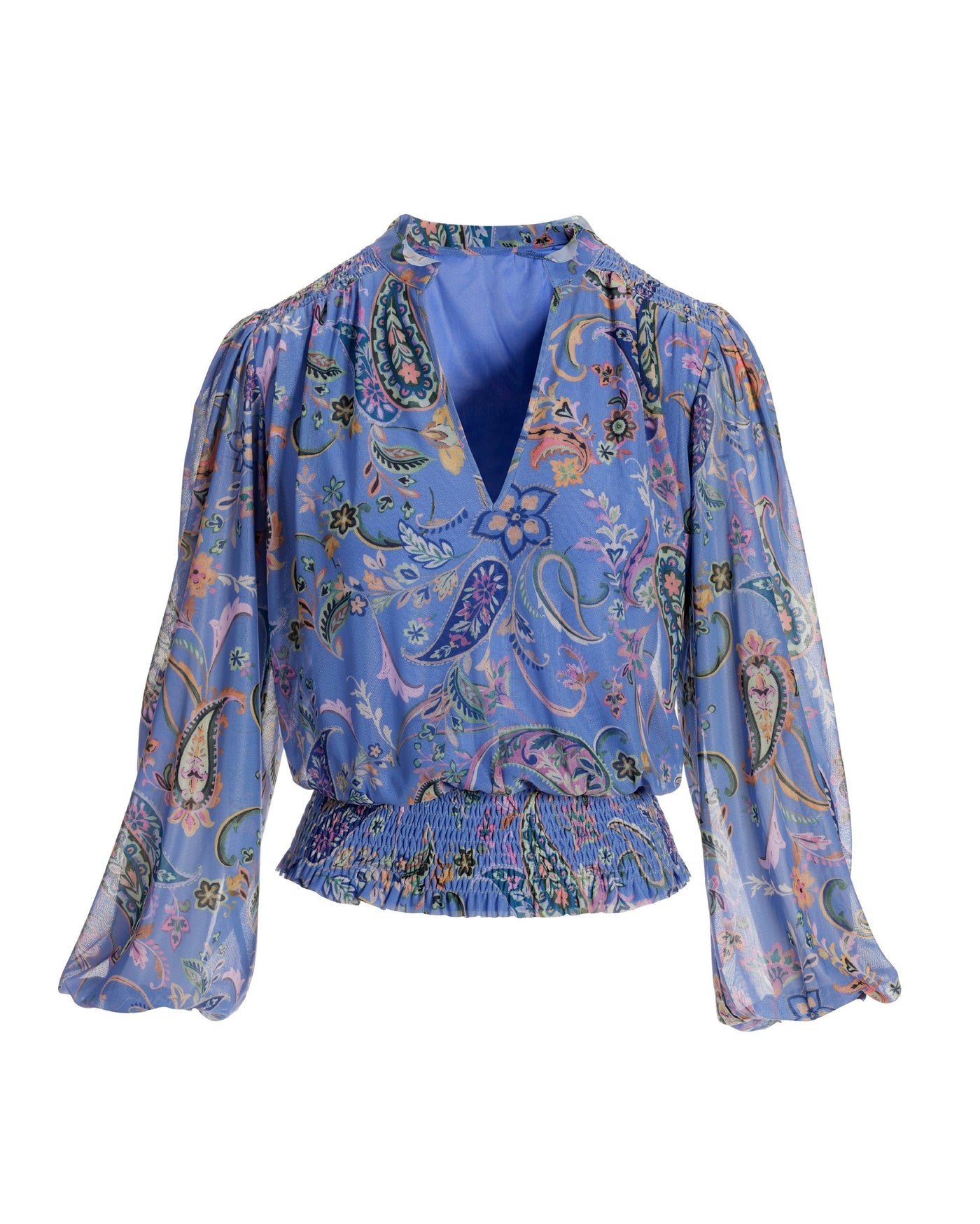 Chic Paisley Mesh Smocked Blouson Knit Top Blue Multi