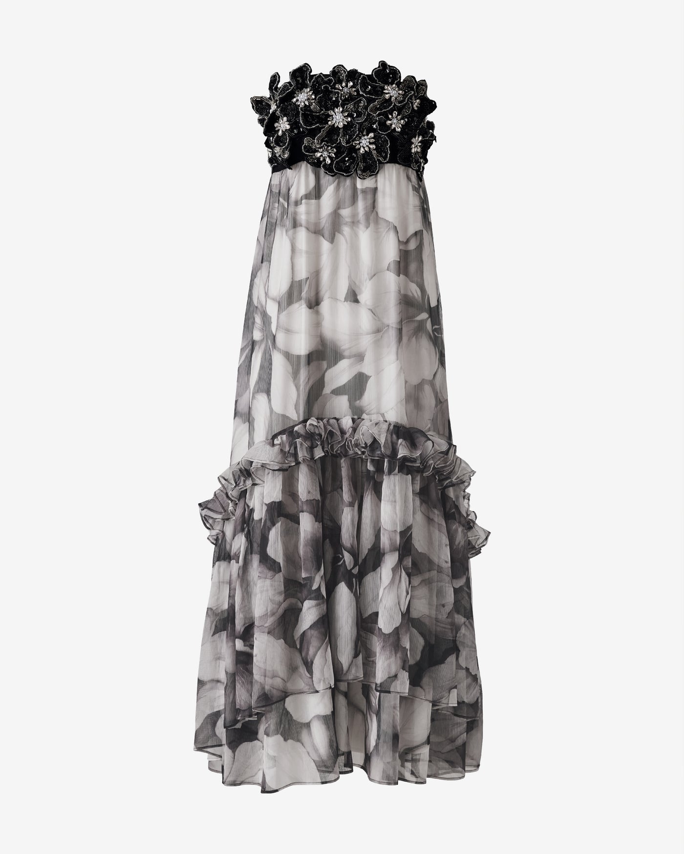 Embellished Floral Applique Strapless Flowy Maxi Dress Iris Silhouette