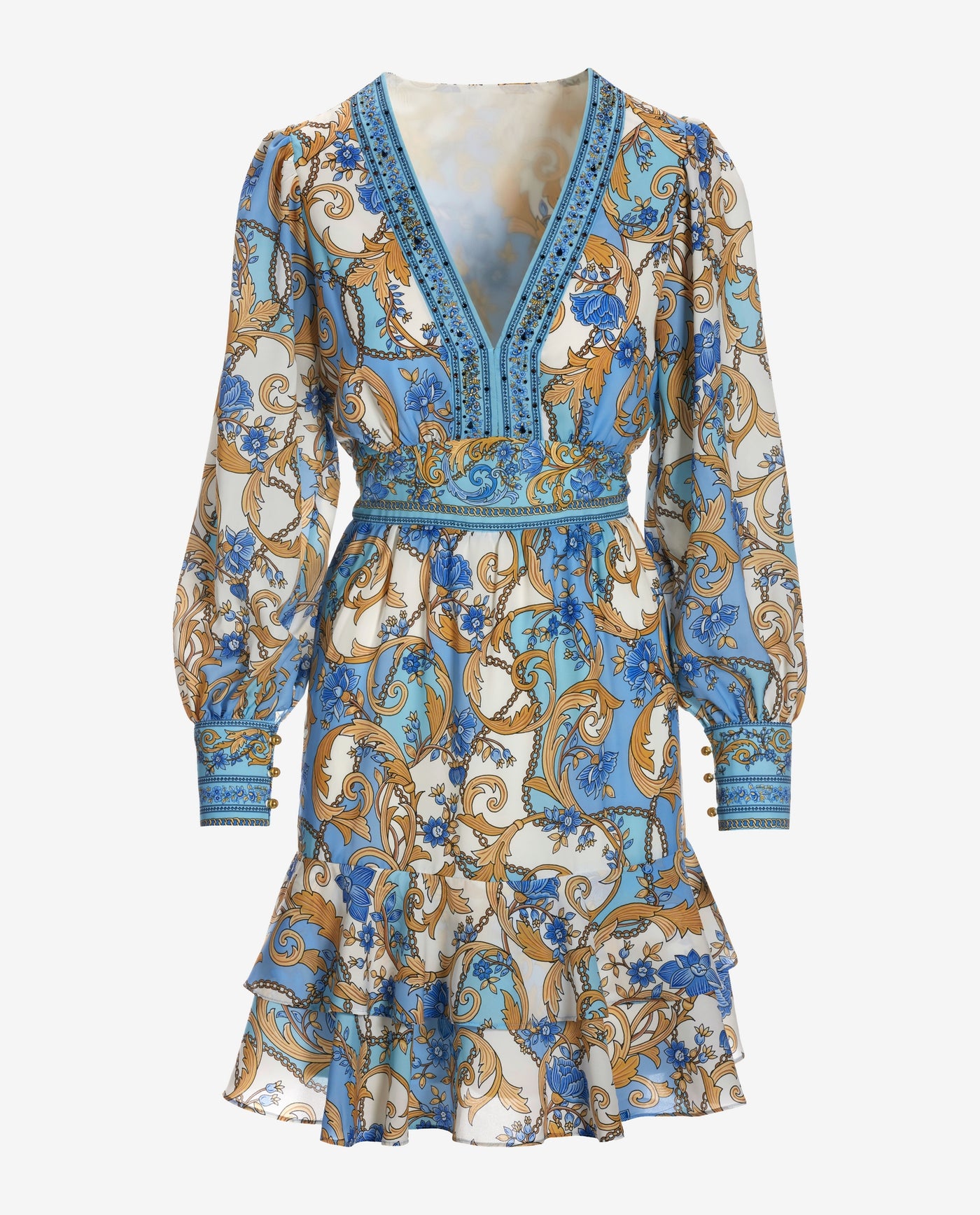 Regal Resort Patchwork Print Embellished A-Line Dress Blue/Gold