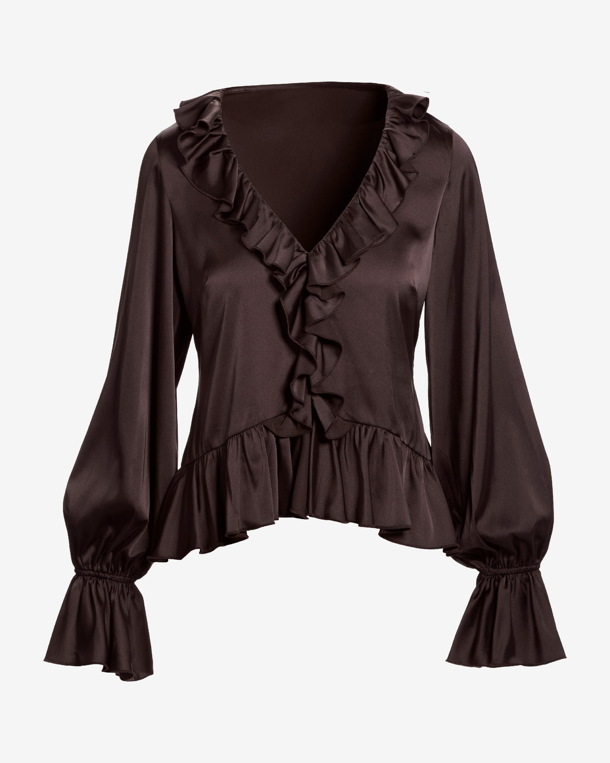 Paige Ruffle Charmeuse Blouse Chocolate Torte