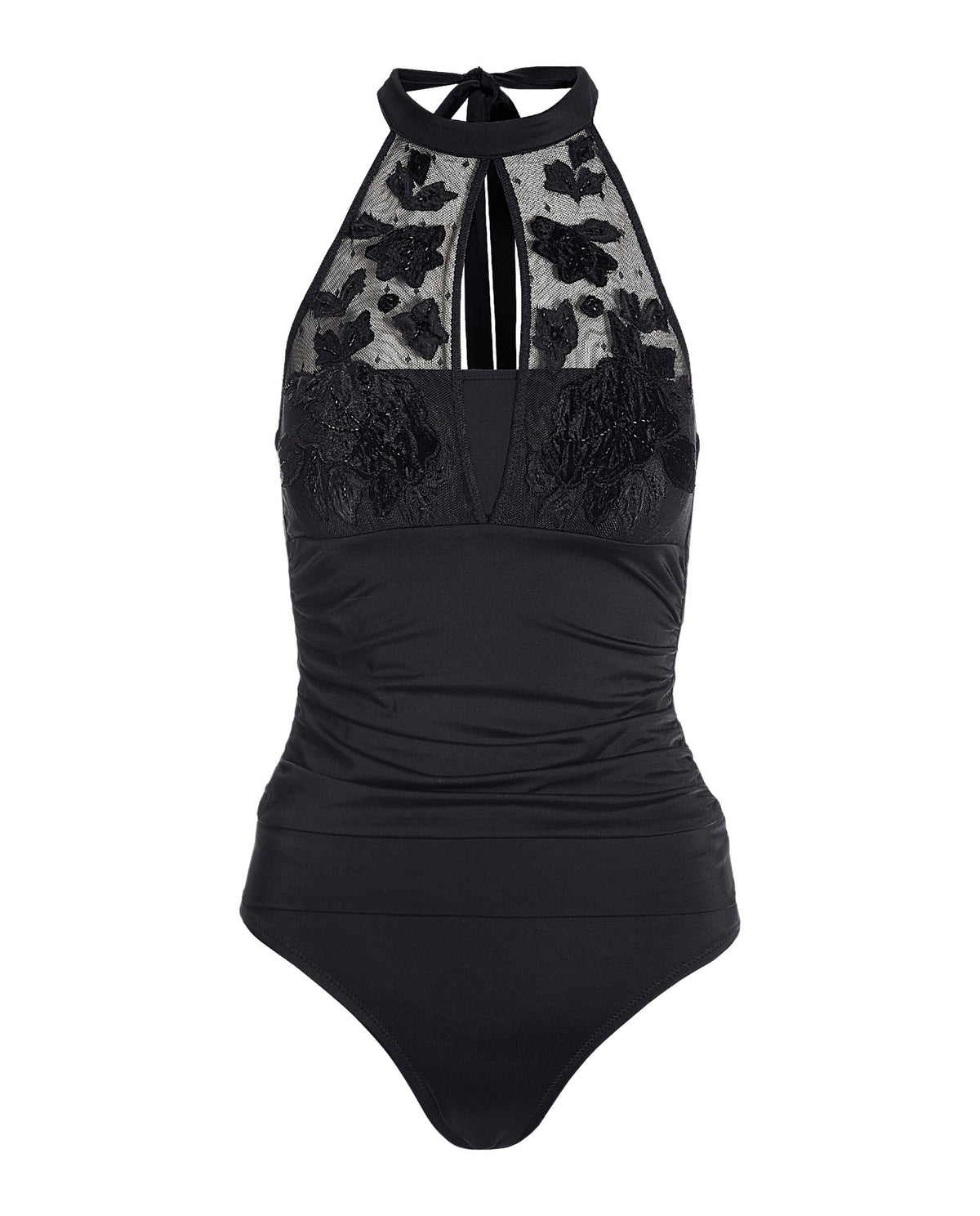 High Neck Embroidered Mesh Two Piece Tankini Black