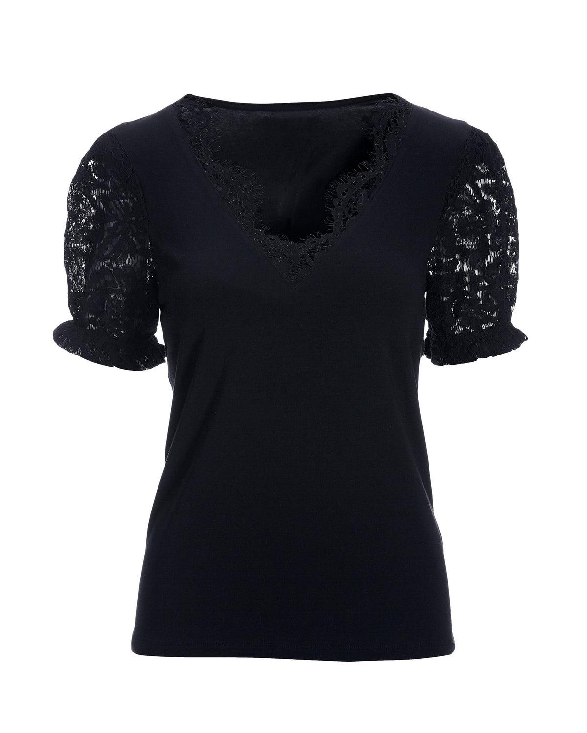 Lace Puff Sleeve V Neck Tee Black