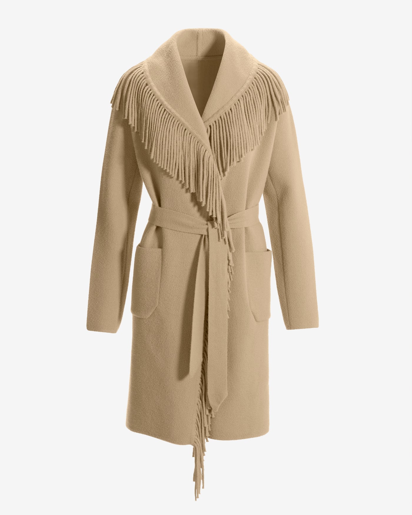 Fringe Tie Waist Coatigan Camel