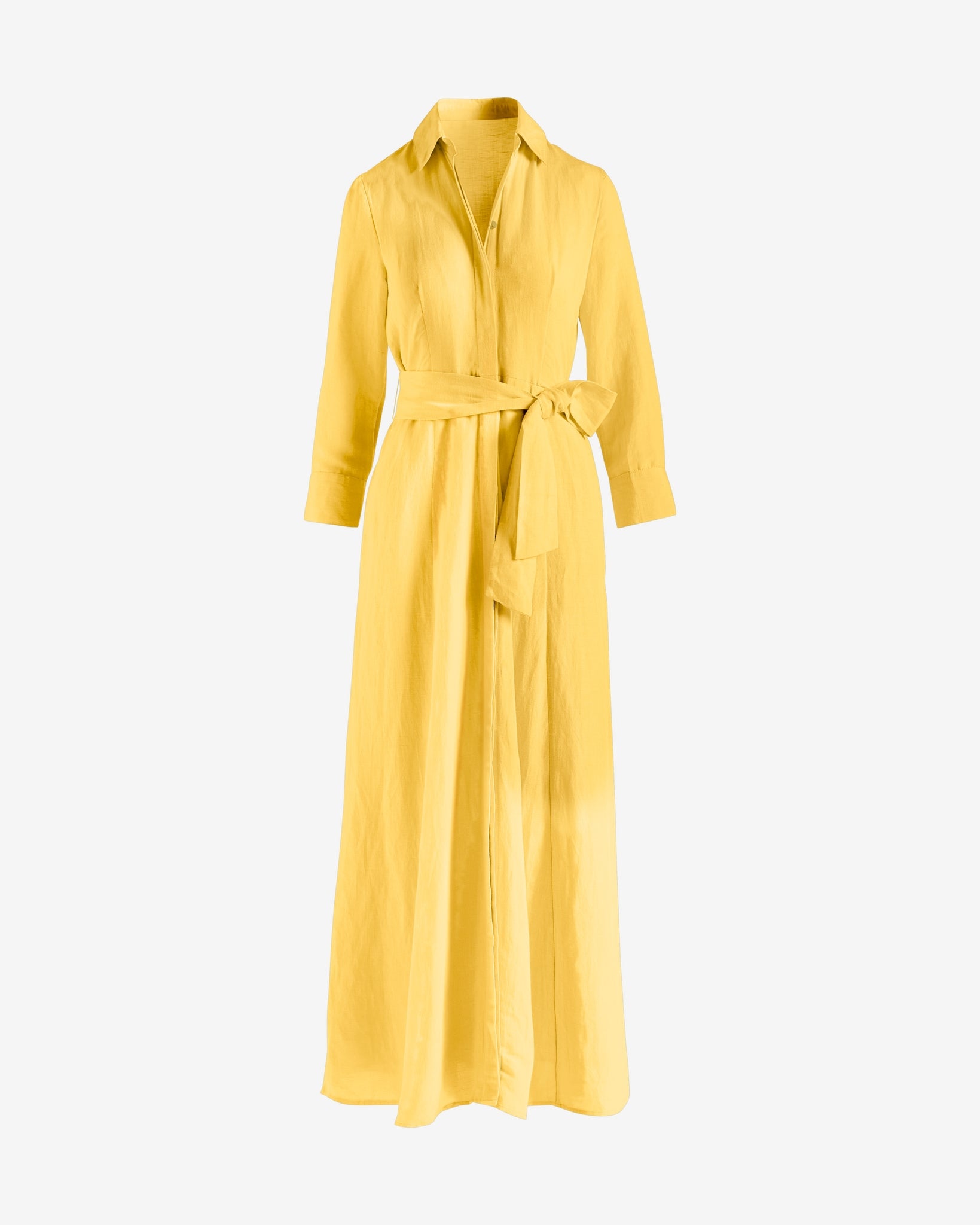 Linen Three Quarter Sleeve Maxi Shirt Dress Lemon Drop