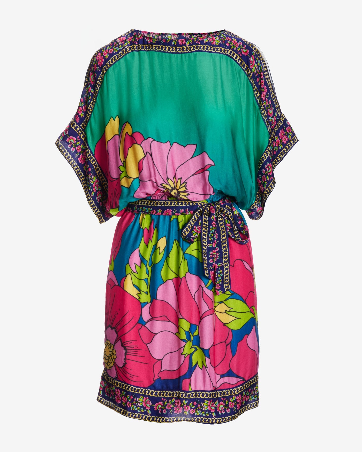 Floral Border Print Cold Shoulder Tie Waist Dress Multi